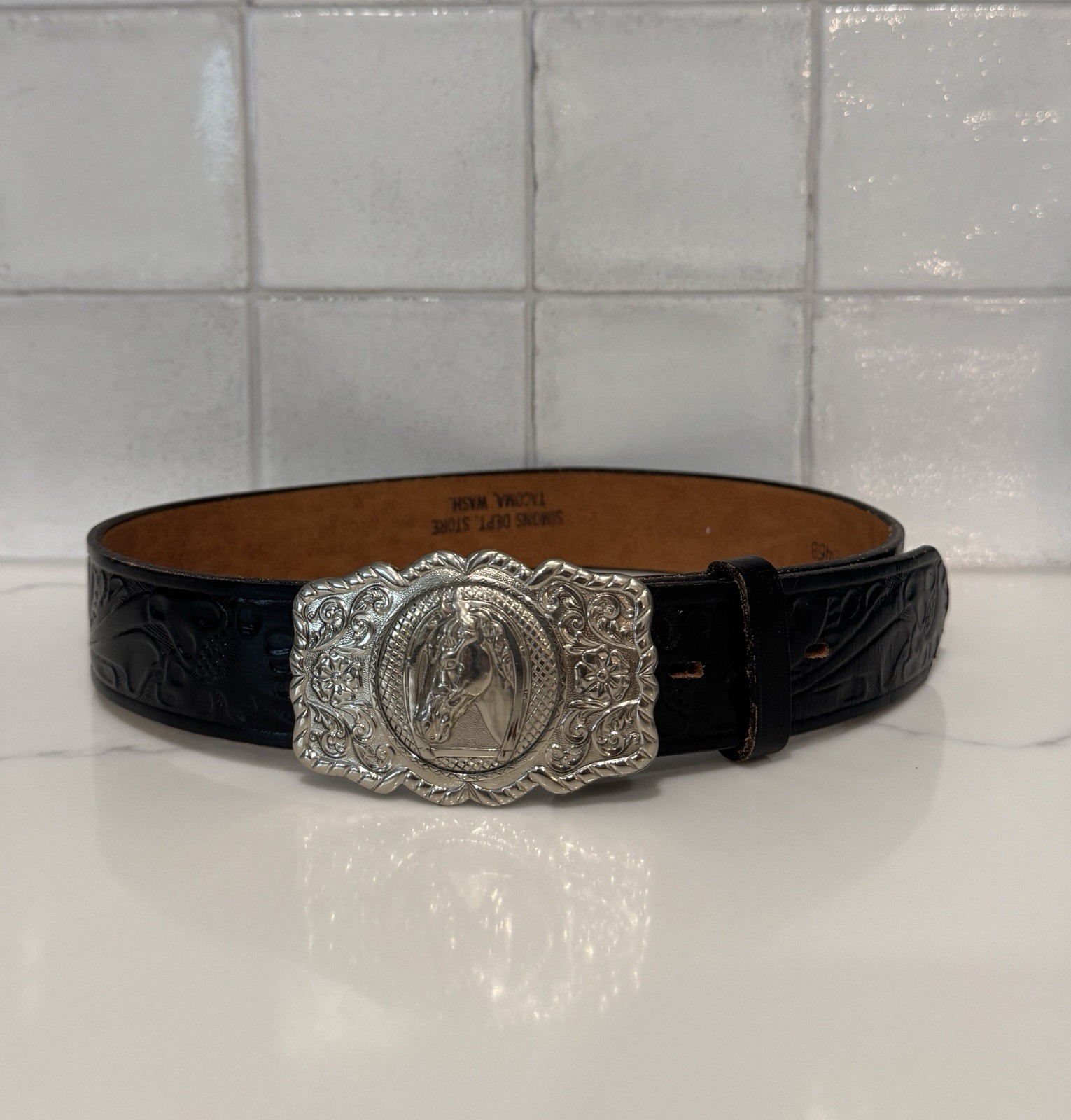 Vintage Justin Western Black Leather Belt W/ Horse Bell Silver Nickle Buckle 28\
