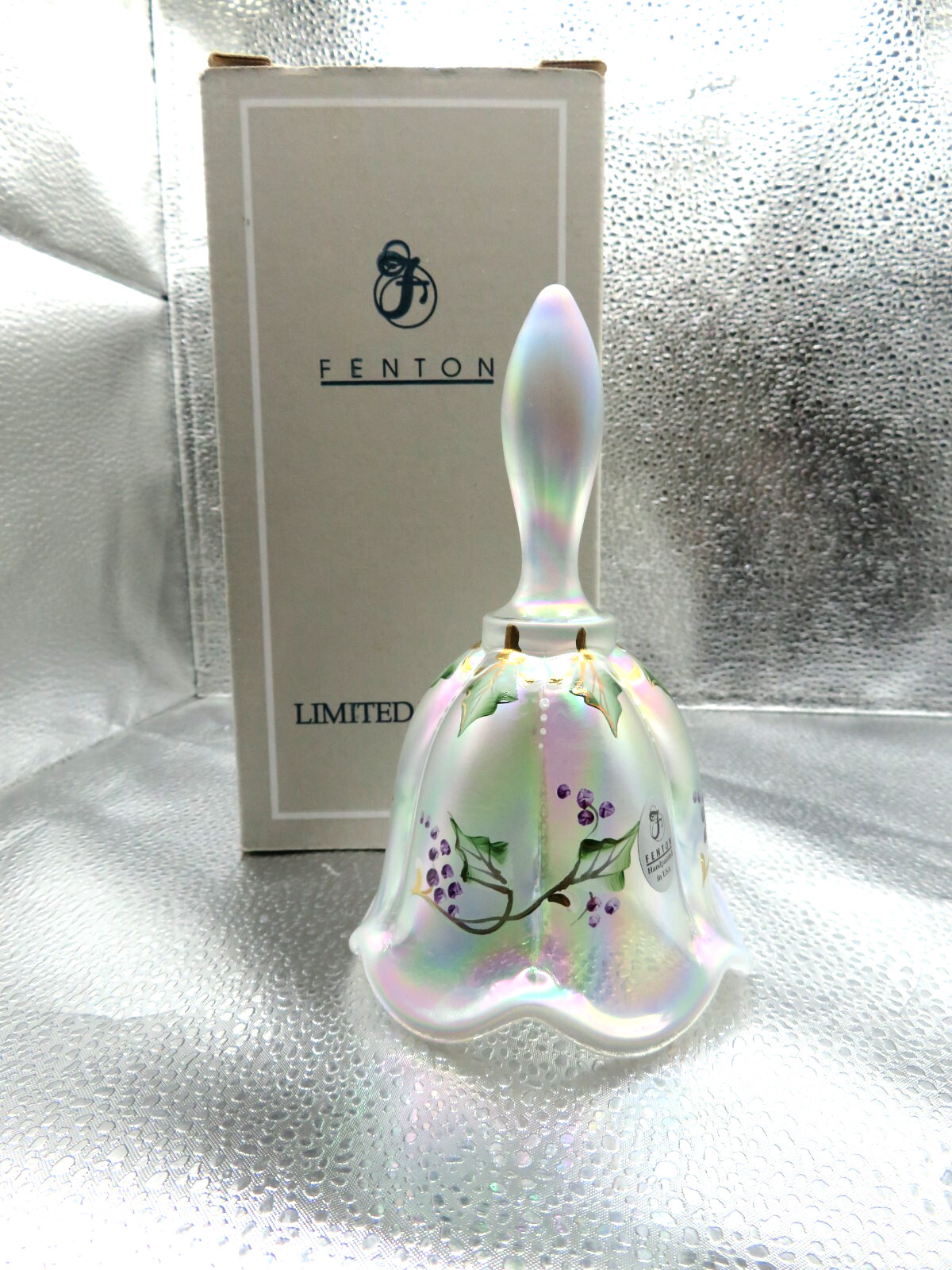 Fenton  Bell White Opal Iridized Glass with Empress Rose Edge Hearts Flowers