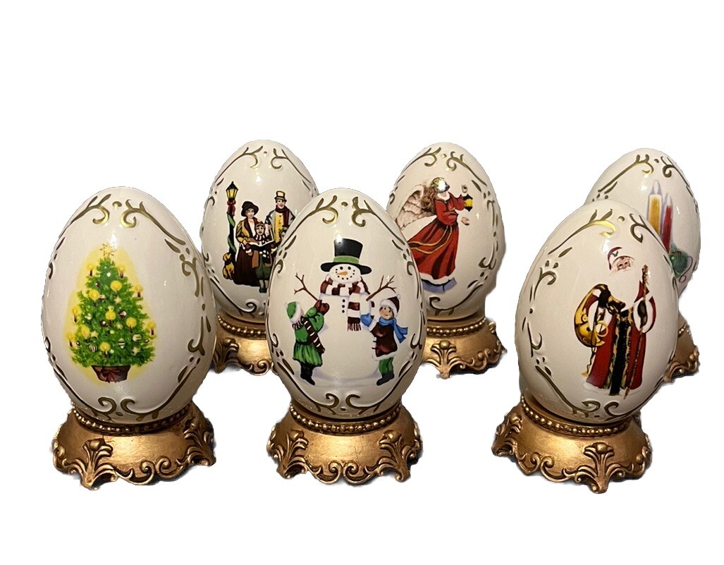 Vintage Hand Painted Ceramic Christmas Eggs with Stands Lot of 6 Vintage Hand Painted Ceramic Christmas Eggs with Stands Lot of 6