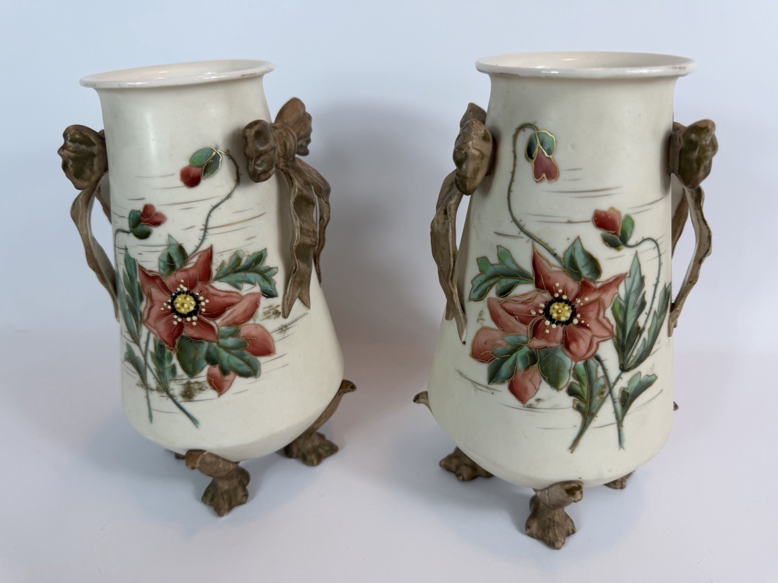 Antique French Onnaing Art Nouveau Majolica Vase Pair Model 672 c1900 Barbotine