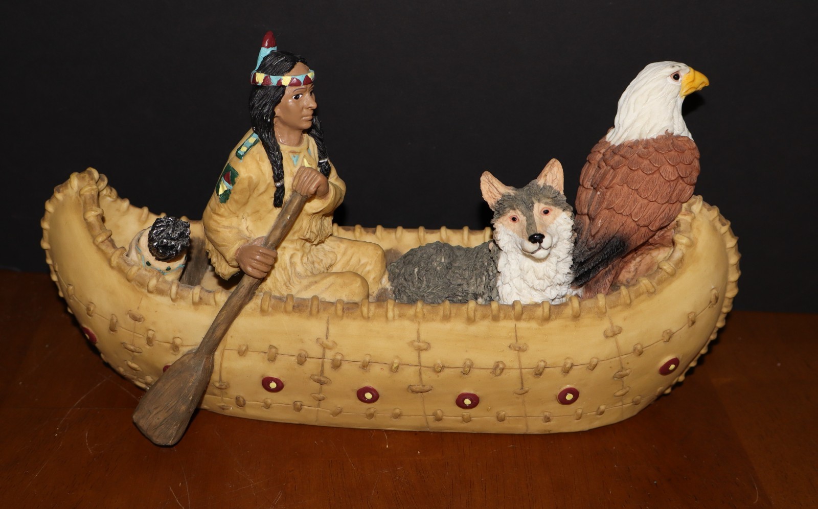 YOUNG\'S American Indian w/ Eagle & Wolf in Canoe Resin 9\
