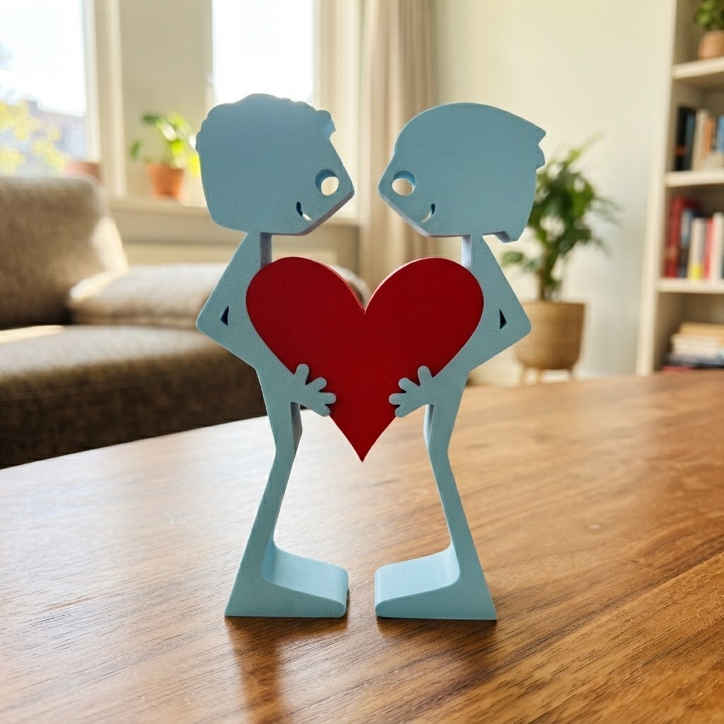 3D printed sculpture of two men united by heart symbolic love art