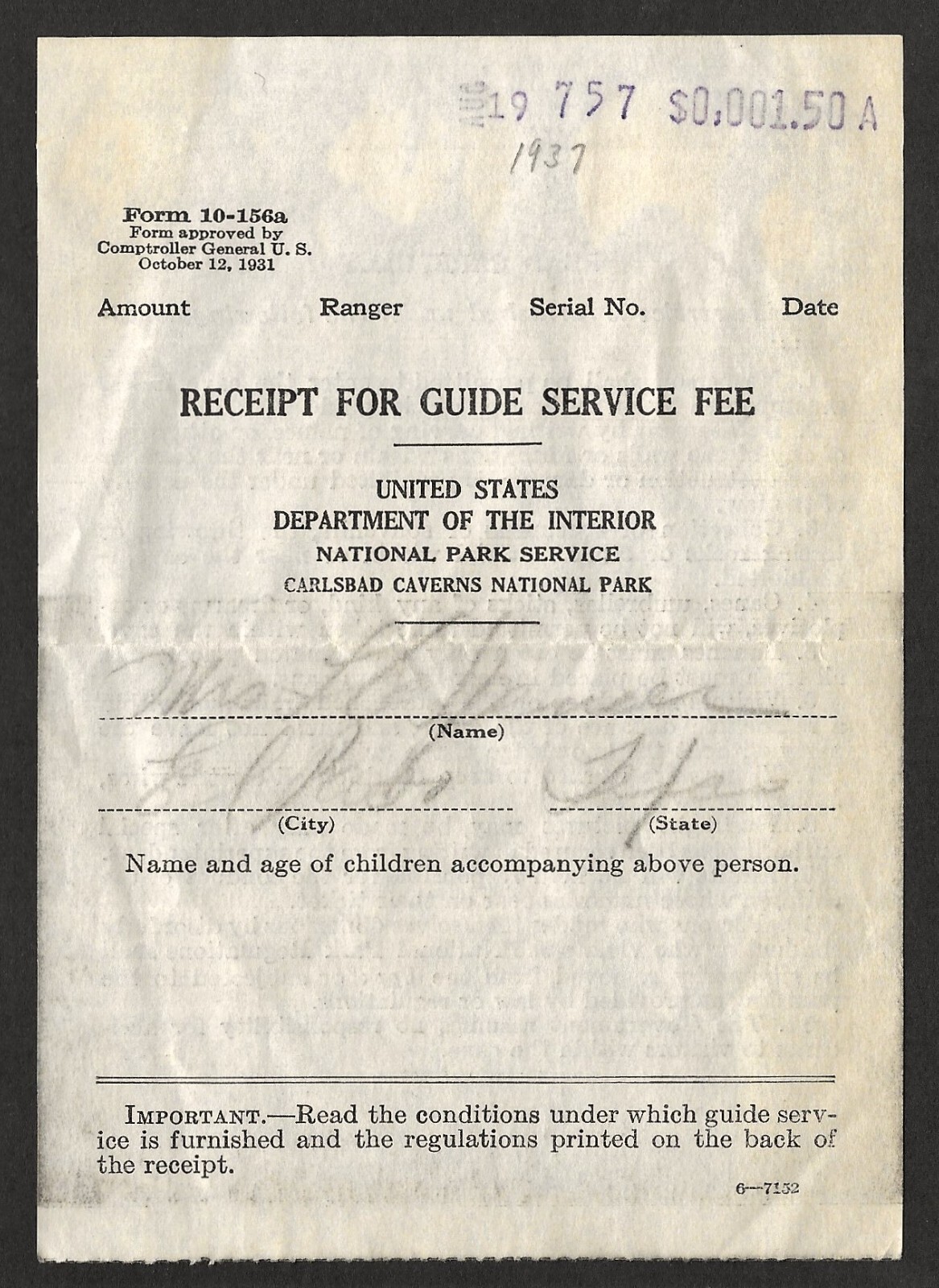 1937 Carlsbad Caverns National Park Receipt for Guide Services