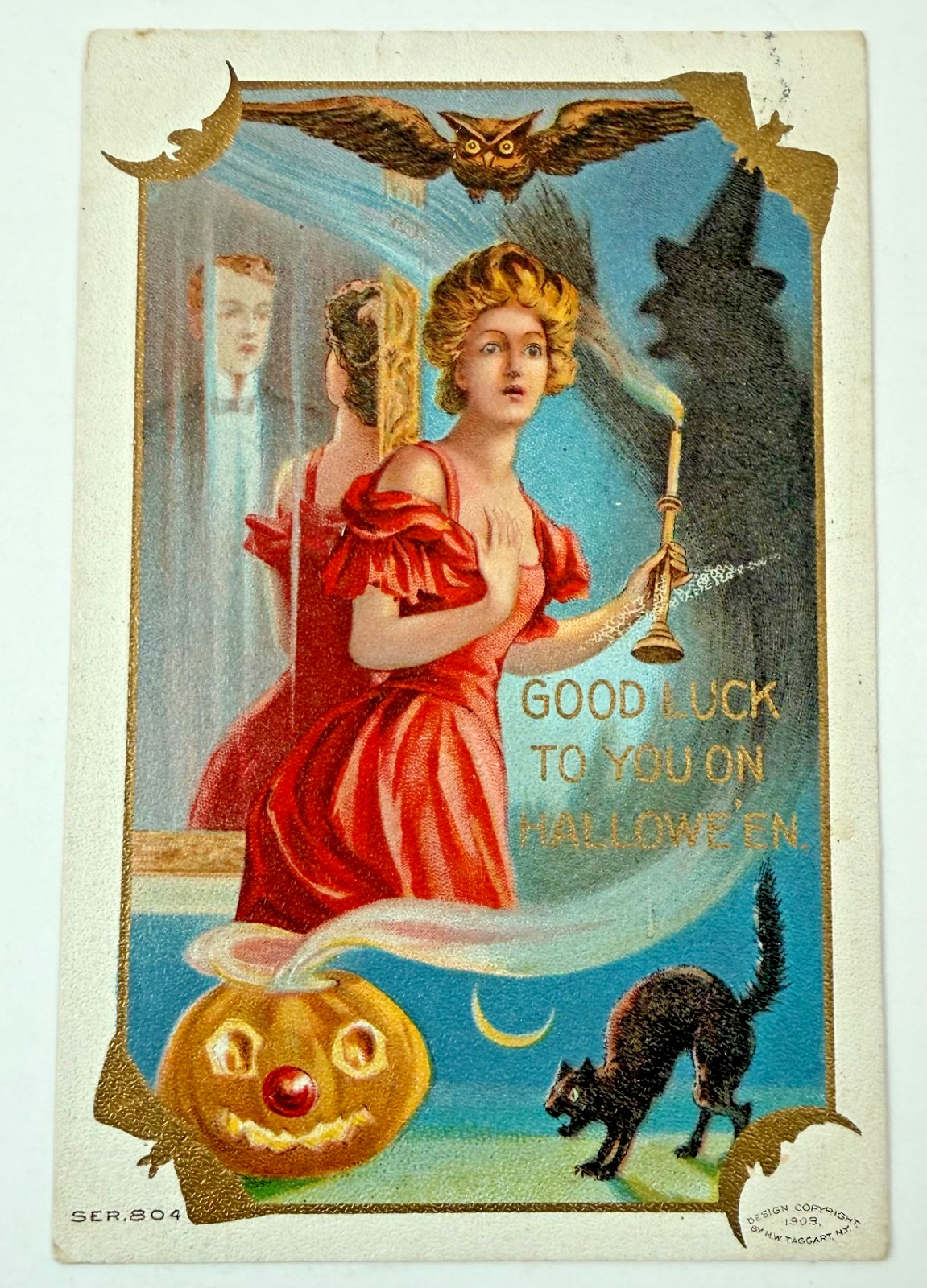 VINTAGE 1909 Halloween Postcard M. W. Taggert 804 Good Luck Witch Black Cat Owl