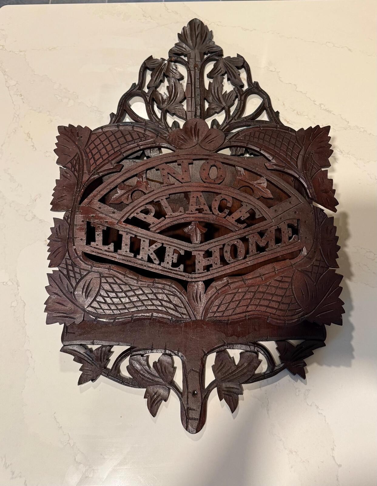 Antique Victorian Carved Wood “No Place Like Home” Wall Pocket Letter Holder