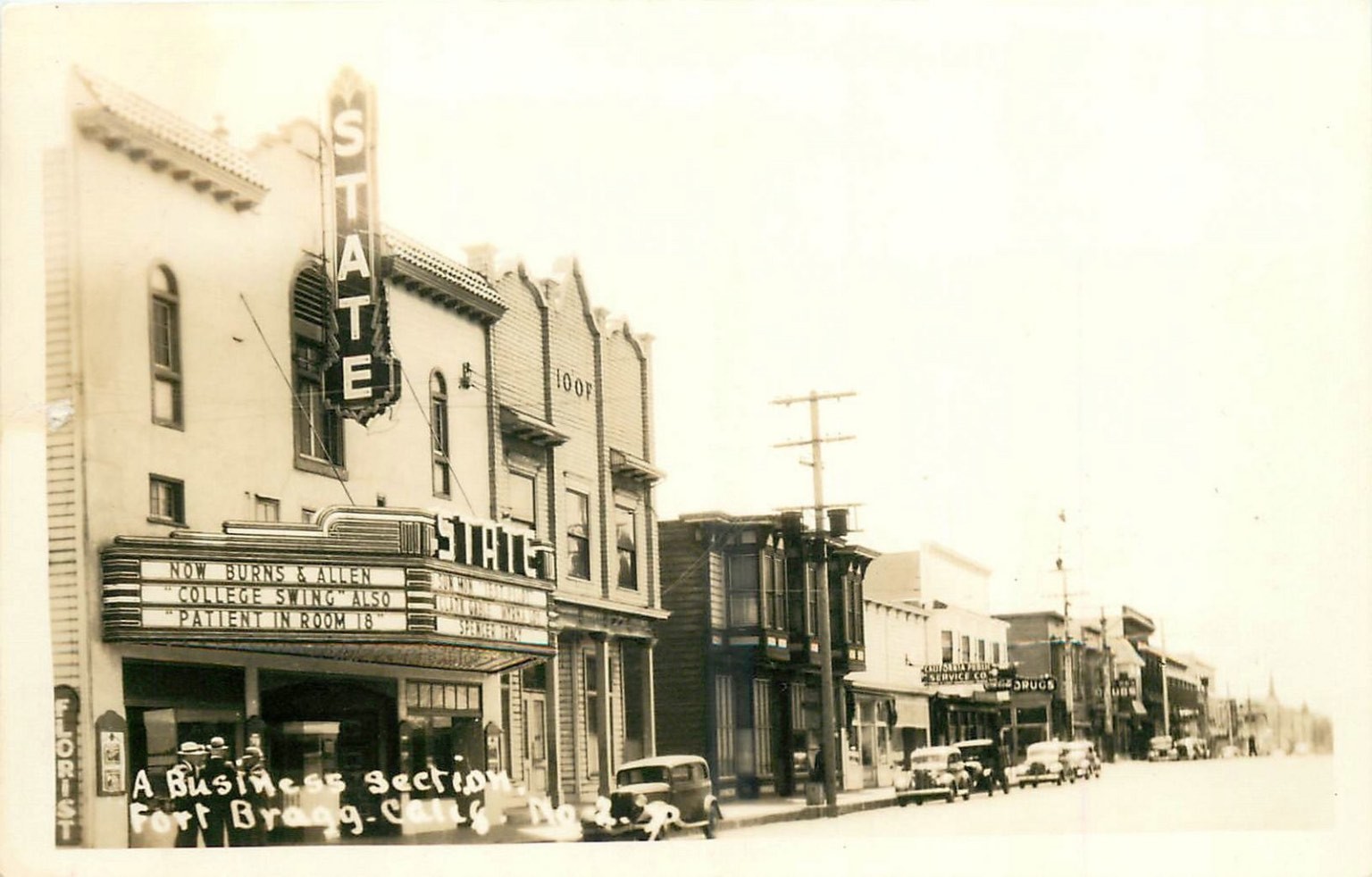 RPPC Fort Bragg, CA State Theatre 1938 Burns & Allen College Swing Movie RPPC Fort Bragg, CA State Theatre 1938 Burns & Allen College Swing Movie