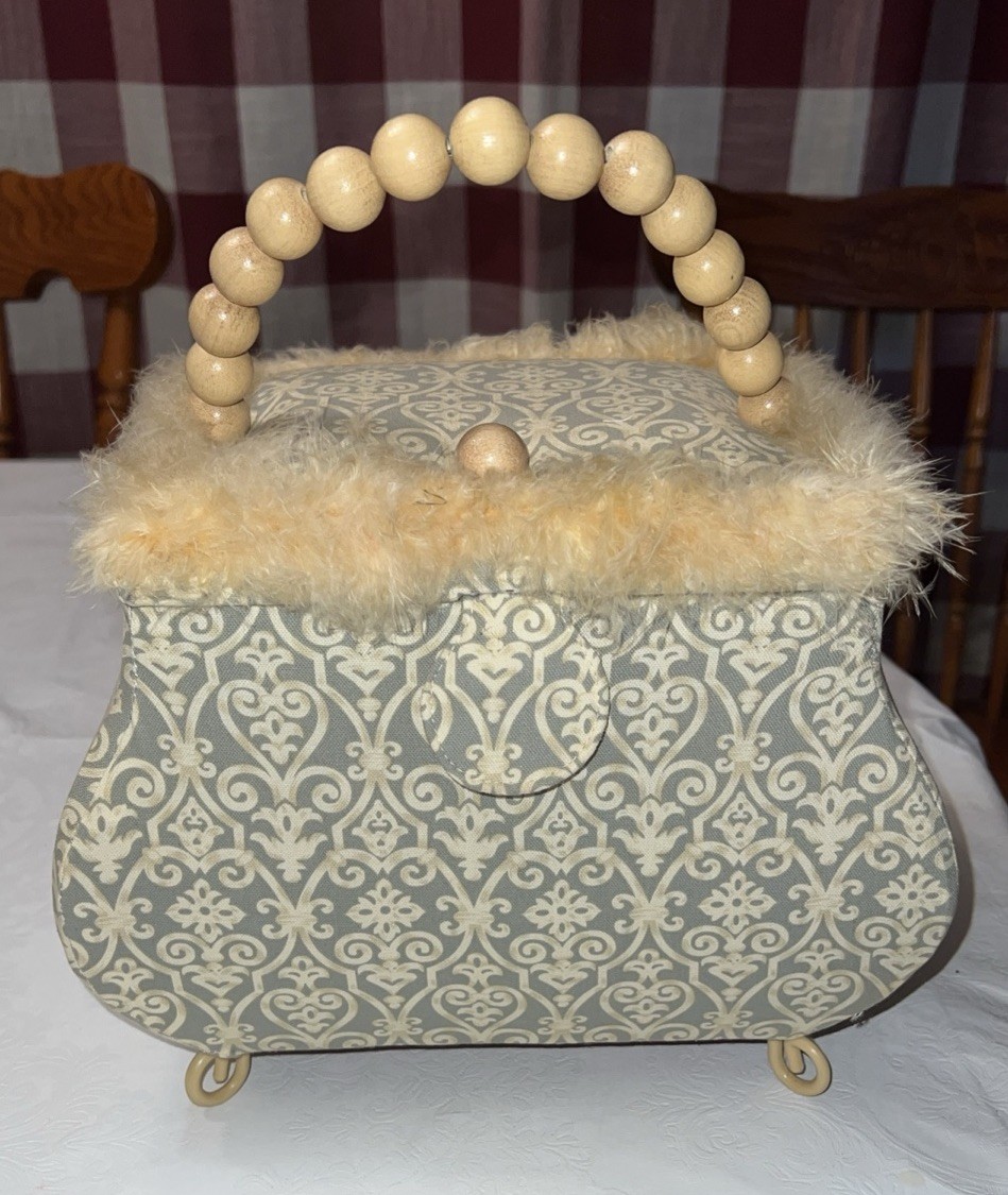 Vintage Sewing Box Basket Fabric Pocketbook Style Retro Wood Handle