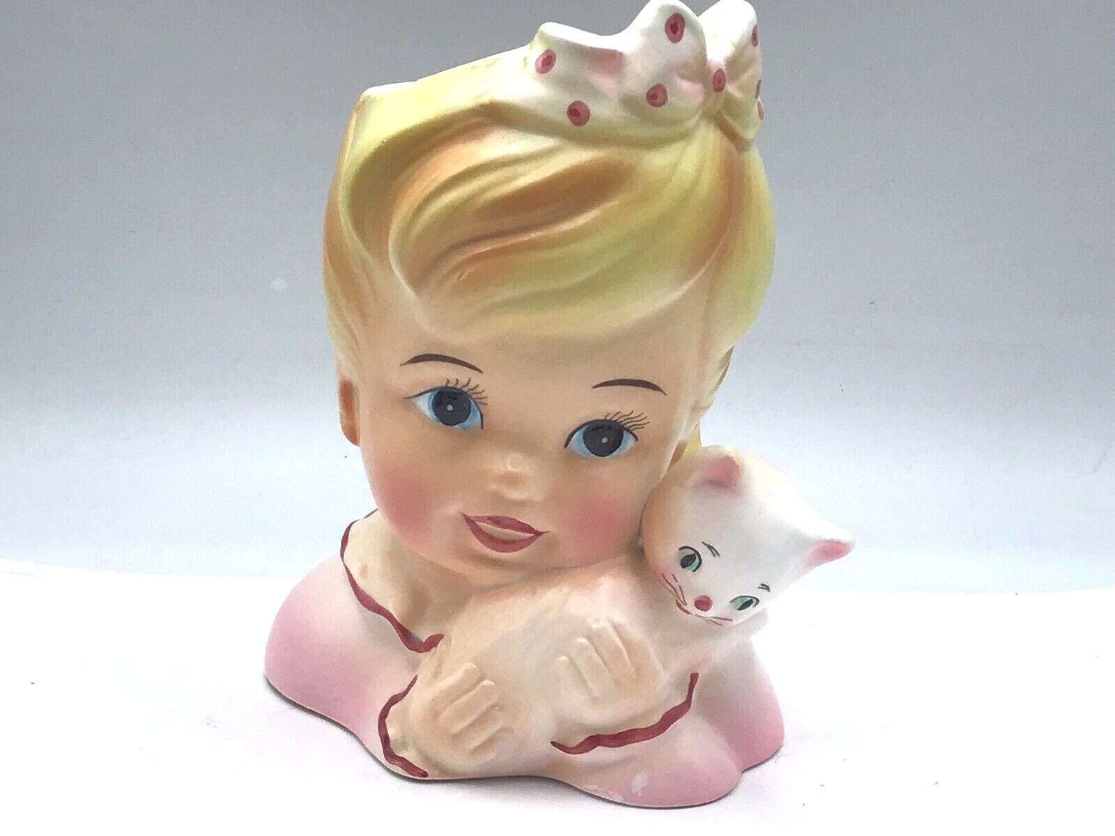 head vase planter ENESCO girl with bow holding kitten - VG 