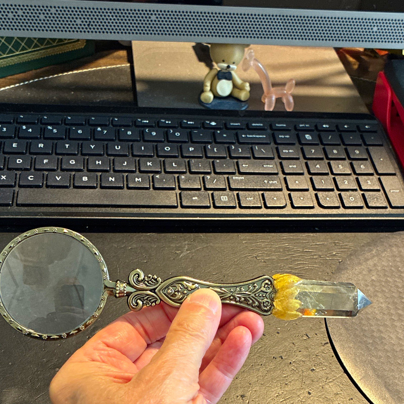 Ornate Handheld Magnifying Glass w/ Clear Crystal Prism Handle