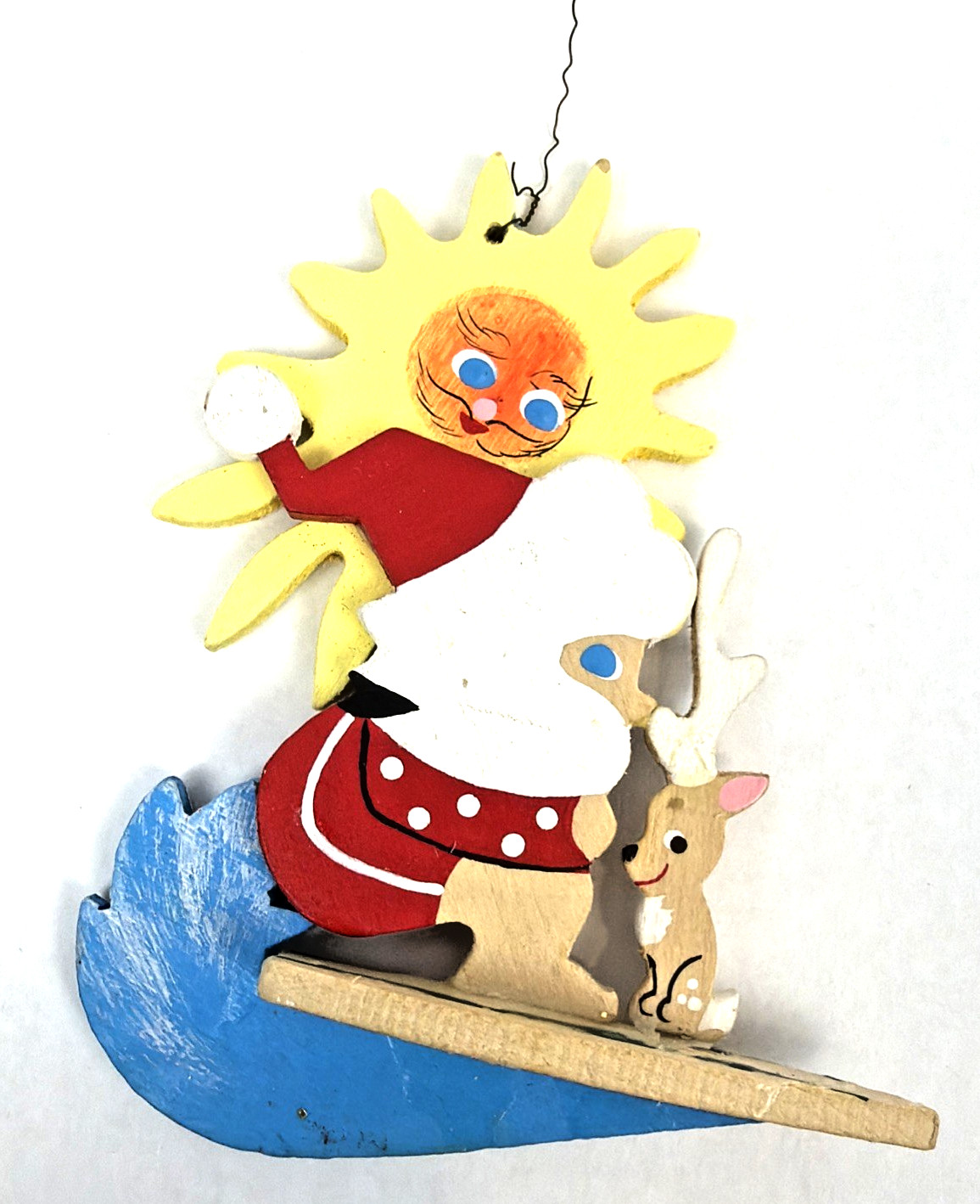 Vintage Emgee Hawaii Christmas Ornament Santa Surfing Wood 3.5”