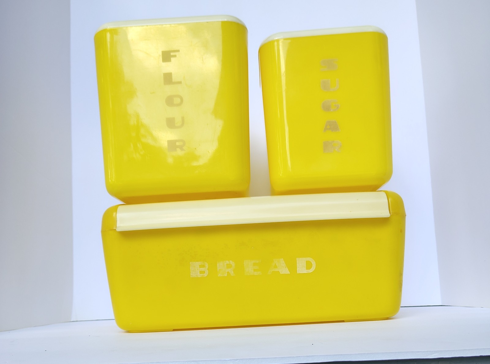 Vintage 1950s Lustro Ware Yellow Nesting Canisters Bread Box Mid Century Modern