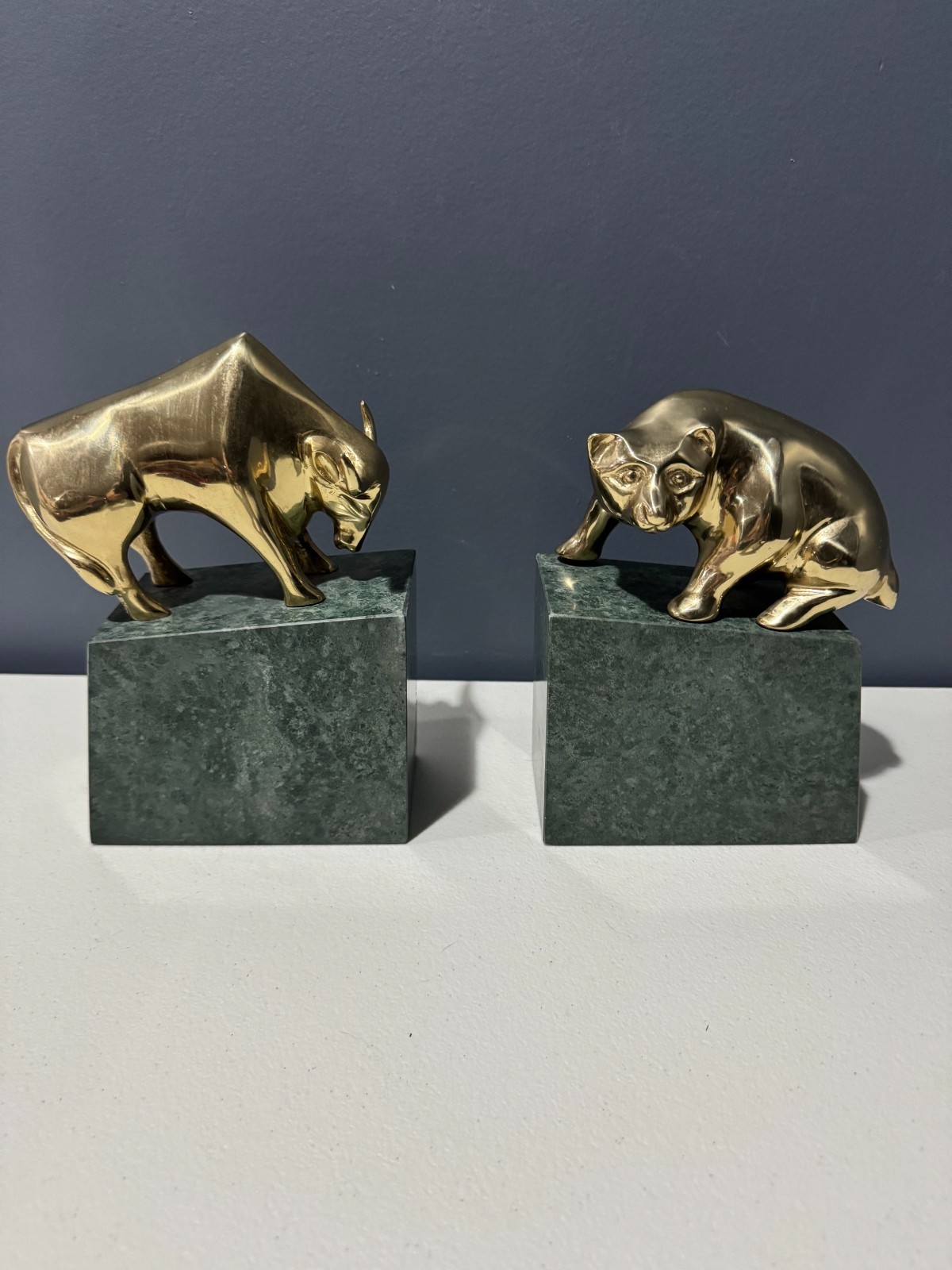 Vintage Set of Wall Street Bear & Bull Brass Marble Book Ends Rare Bear