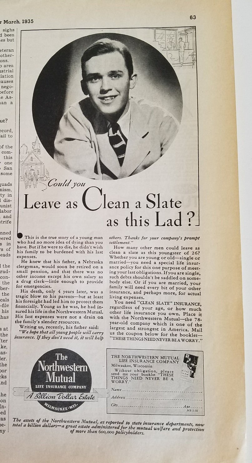 1935 Northwestern Mutual Life insurance co leave Clean Slate as this lad ad