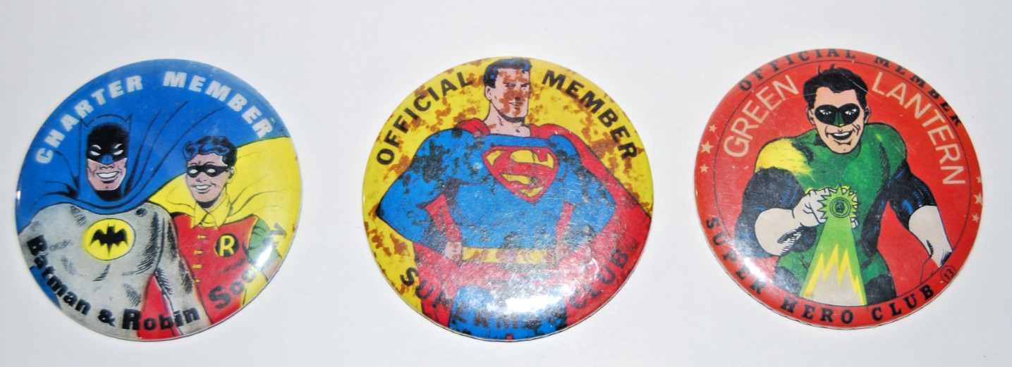 Vintage 1966 DC Comics Super Hero Club Pinback Buttons Lot Batman Superman GL 3\