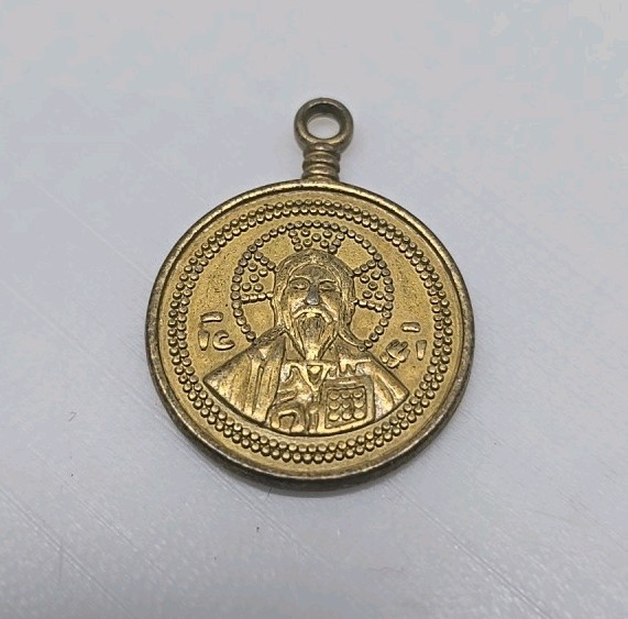 Vintage Orthodox Jesus Christ Medallion Byzantine Cross Gold Tone Pendant