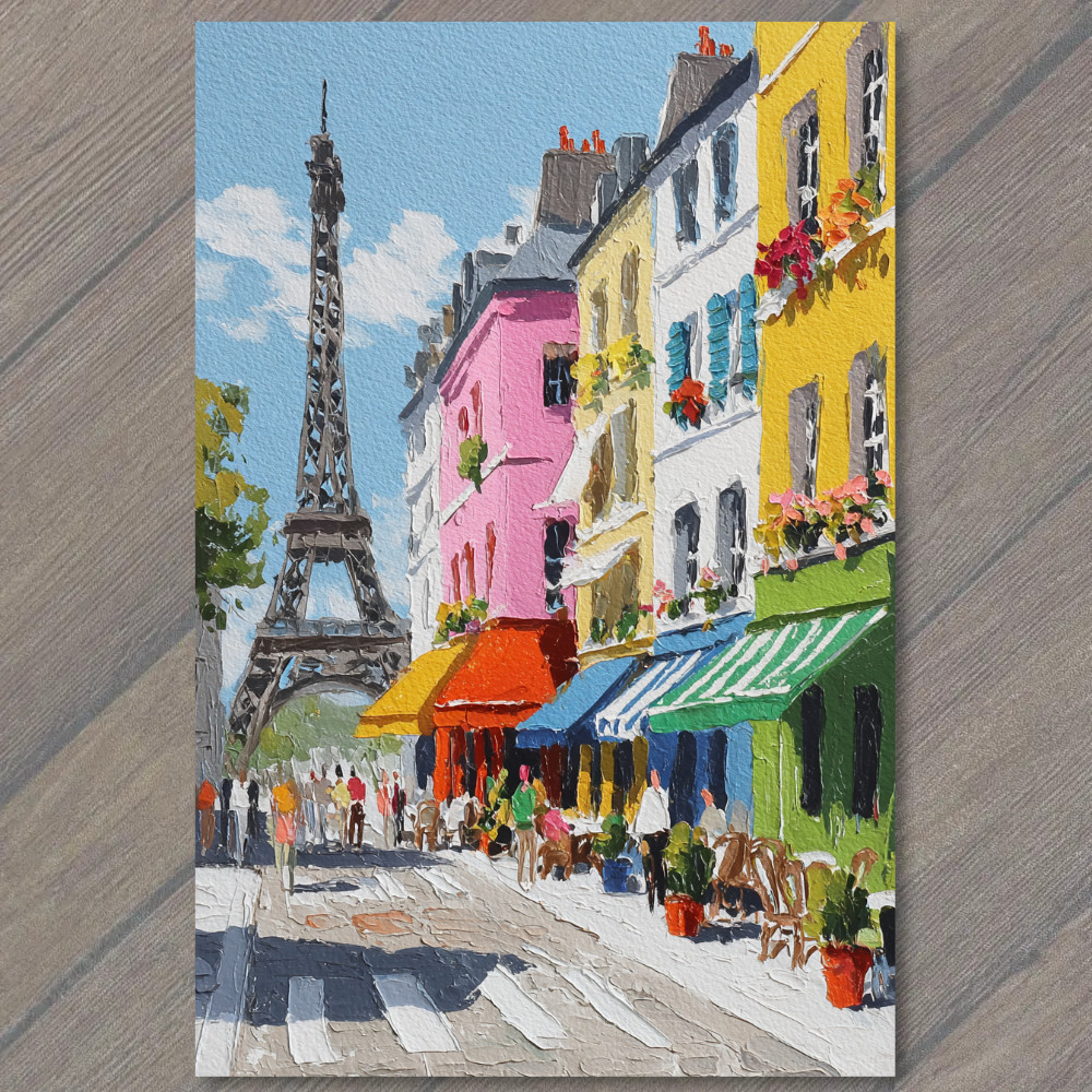 POSTCARD Paris Eiffel Tower Colorful Cafe Street French Travel Cityscape