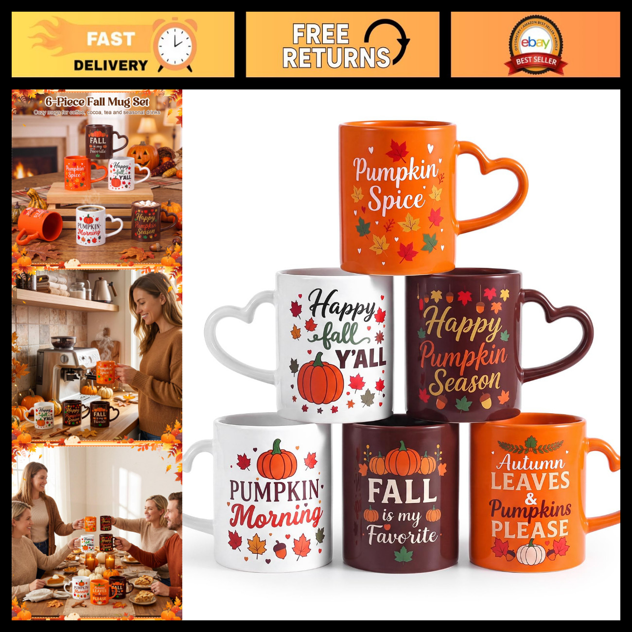 Fall Coffee Mug Set of 6 - 10 oz Ceramic Mugs for Teachers, Autumn Design Fall Coffee Mug Set of 6 - 10 oz Ceramic Mugs for Teachers, Autumn Design