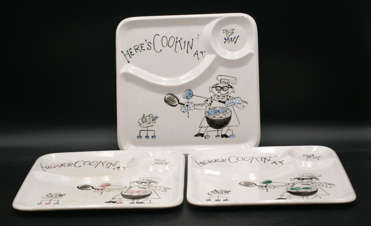 VTG Here's Cookin' At You BBQ DIVIDED PLATES JAPAN 3 HAND PAINTED MCM