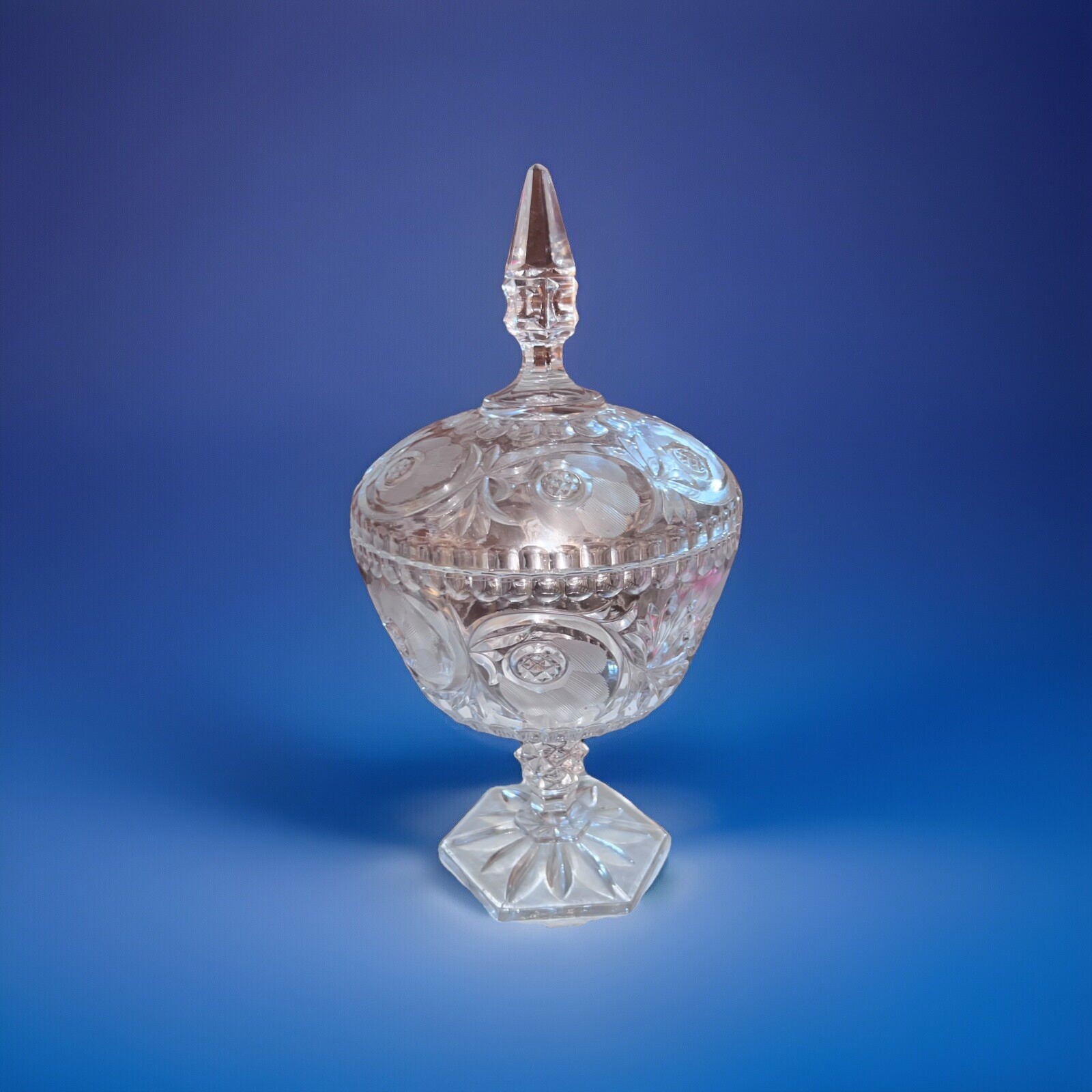 Vintage Cut Etch Lead Crystal Clear Glass Covered Pedestal Compote Bowl 12
