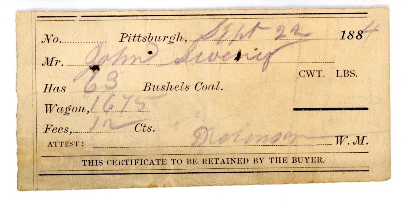 1884 Pittsburgh Coal Delivery Receipt – John Sevening, 63 Bushels