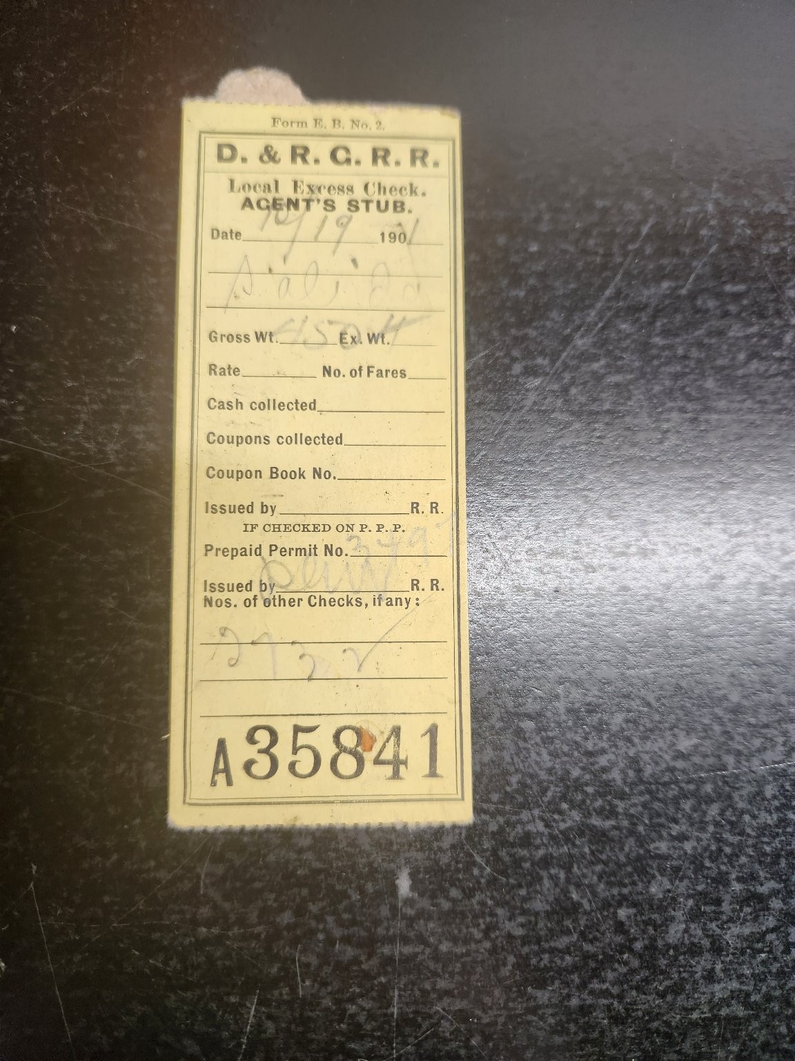 1901 D&RG Railroad Agent's Stub Local Excess Check Denver Rio Grande A35841 1901 D&RG Railroad Agent's Stub Local Excess Check Denver Rio Grande A35841