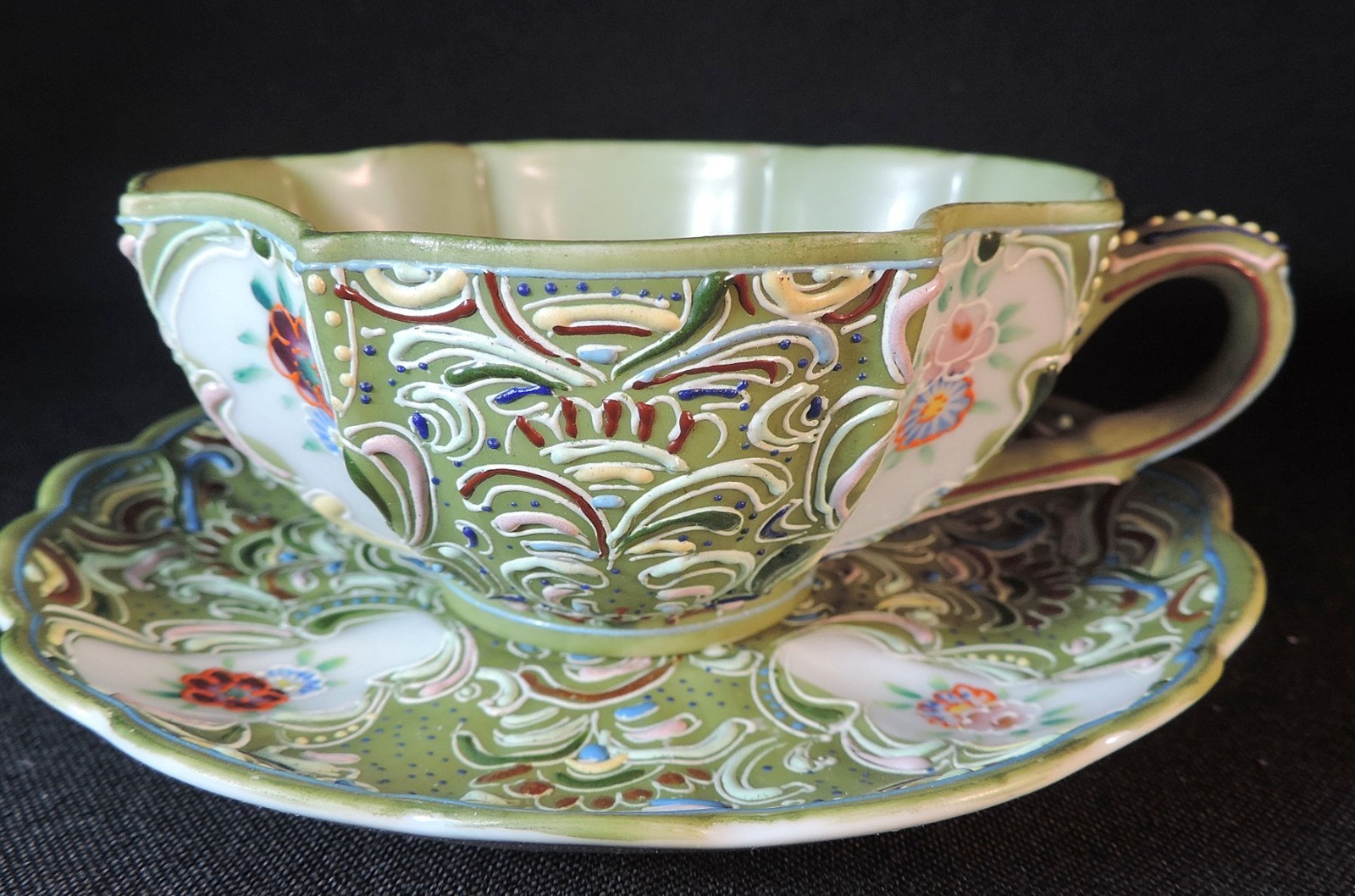 Vintage Ardalt Lenwile HP Japan Green Raised Moriage Cup + Saucer Floral No 6327