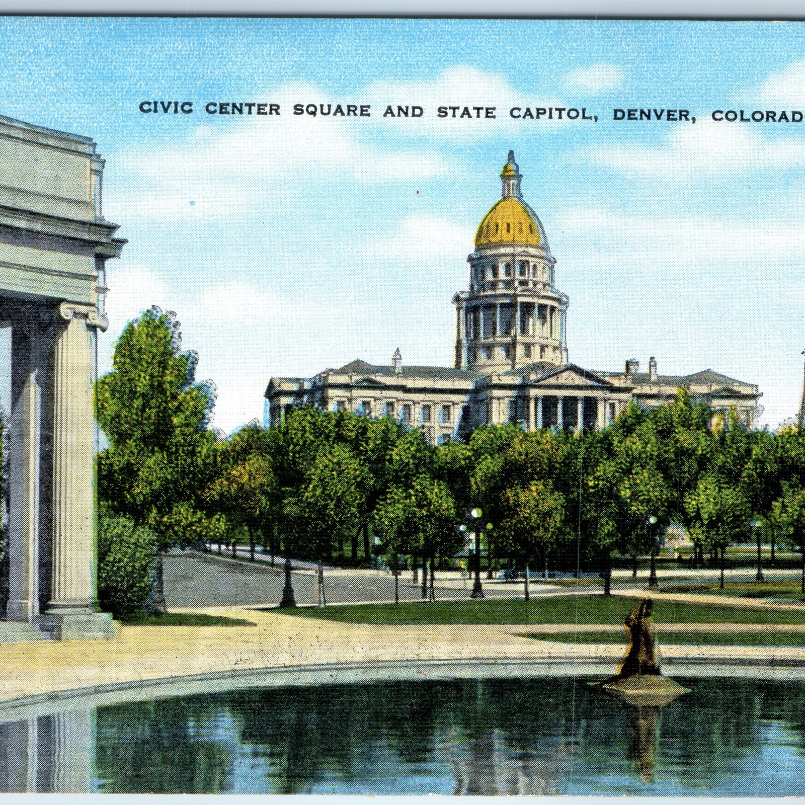 c1940s Denver, CO Civic Center Square State Capitol Linen Postcard Gold Dome