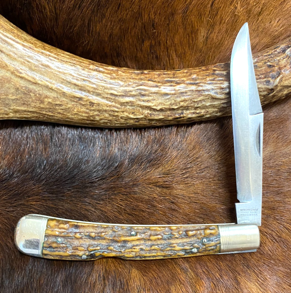 Winchester, Trademark, Made in USA., 1950 Lockback Folding Hunter, Stag, 5 1/4 Winchester, Trademark, Made in USA., 1950 Lockback Folding Hunter, Stag, 5 1/4