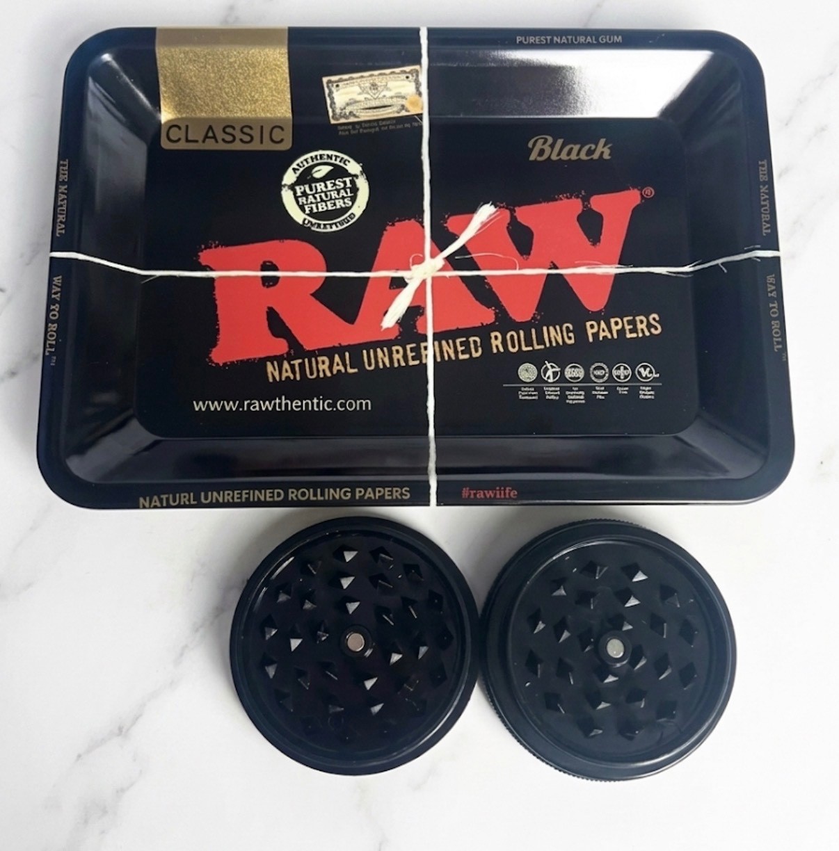 RAW Black Metal Rolling Tray & 60mm Herb Grinder Set Smoking Accessories Kit
