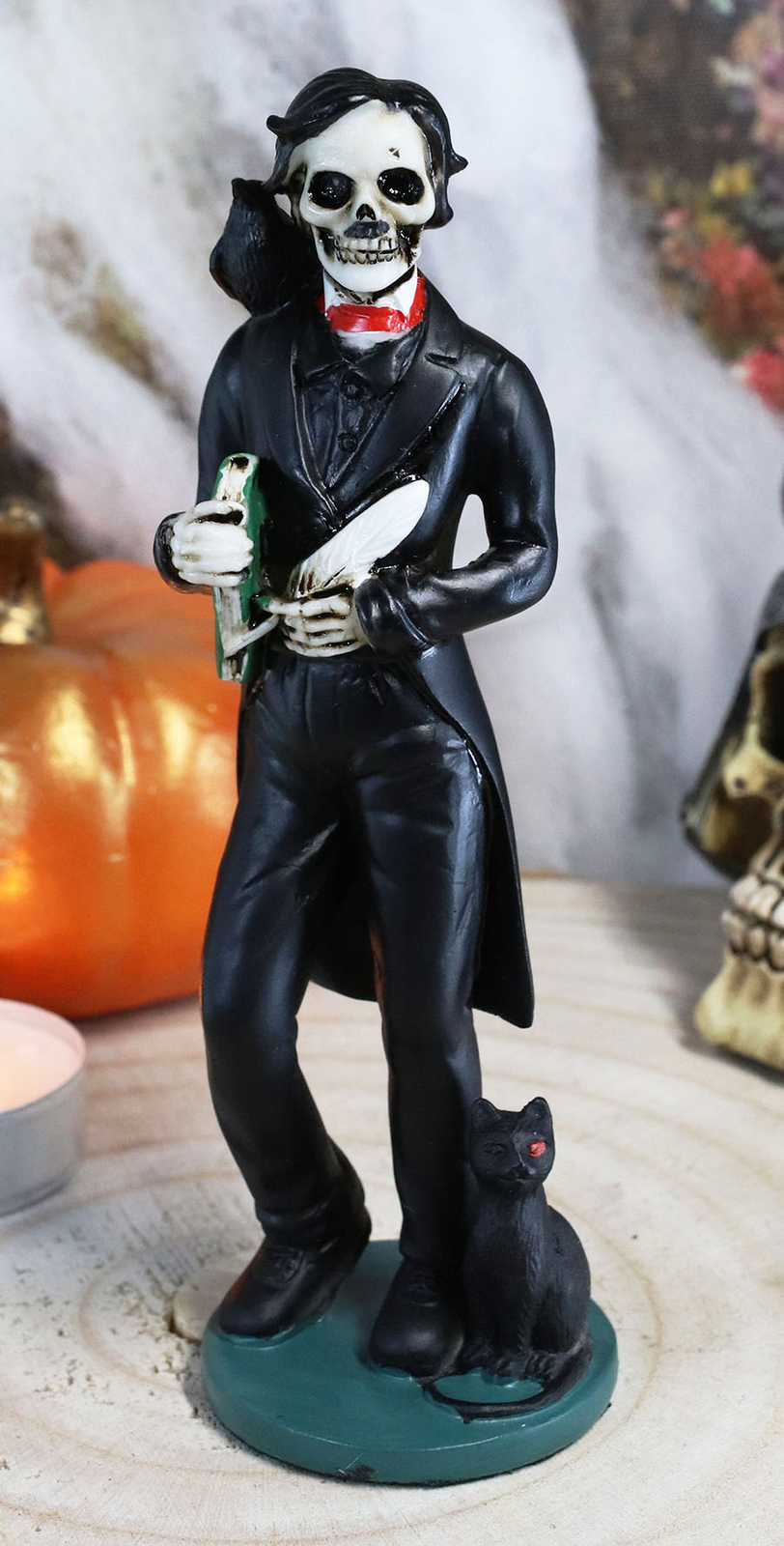Ebros Gothic Day Of The Dead Edgar Allan Poe Statue With Raven Skeleton Figurine