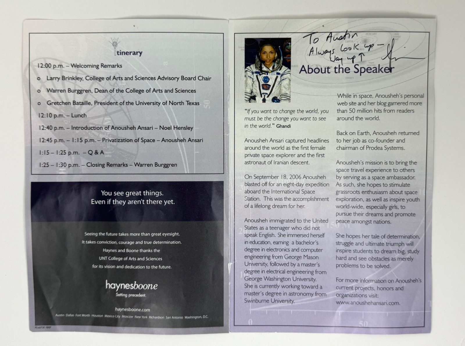 Anousheh Ansari Autograph, First Iranian woman astronaut, UNT brochure, 2007