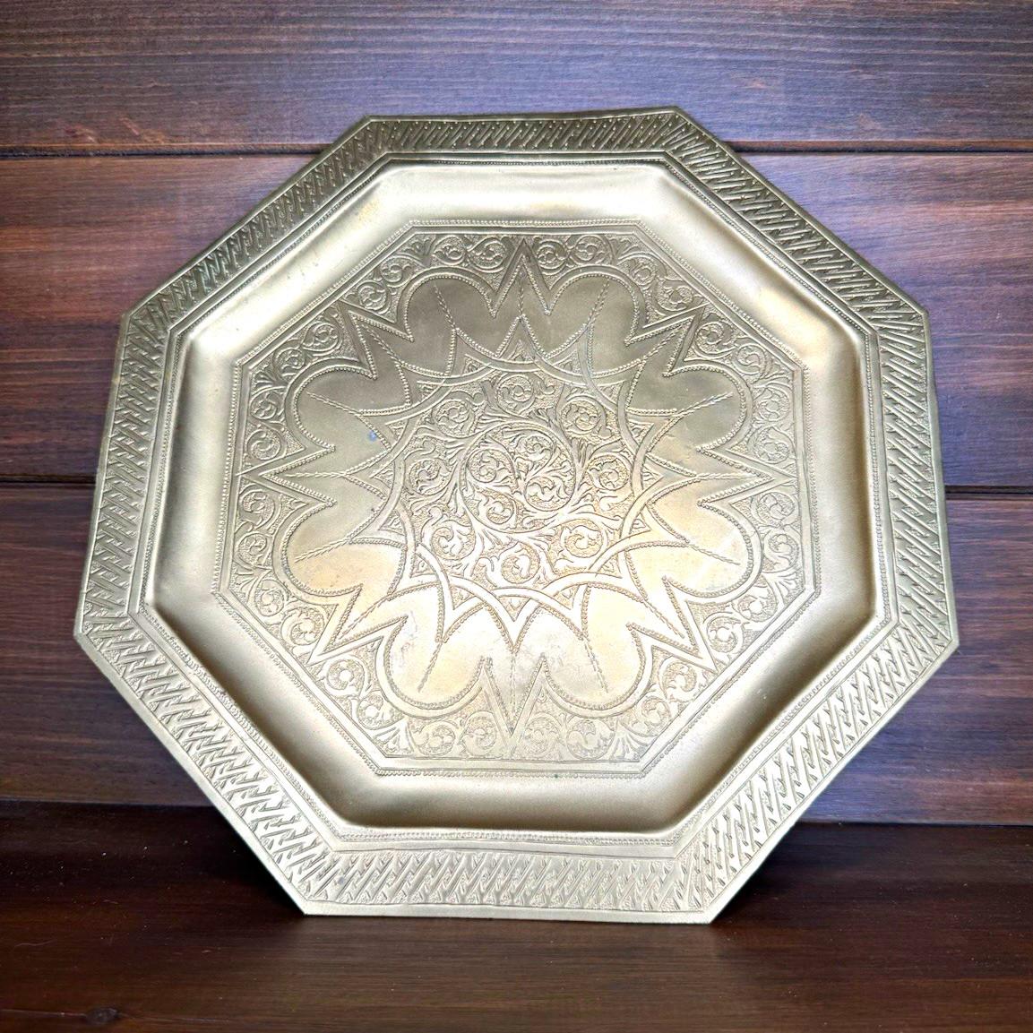 Vintage Hand Engraved Middle Eastern Octagonal Solid Brass Tray