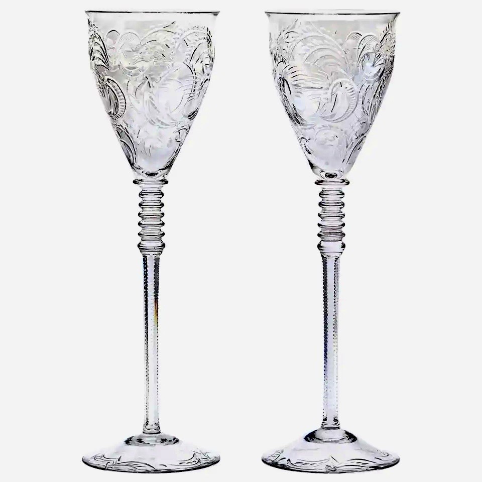 Set of 5 Stevens & Williams Etched Crystal Water Goblets Wine Glasses Extra Tall