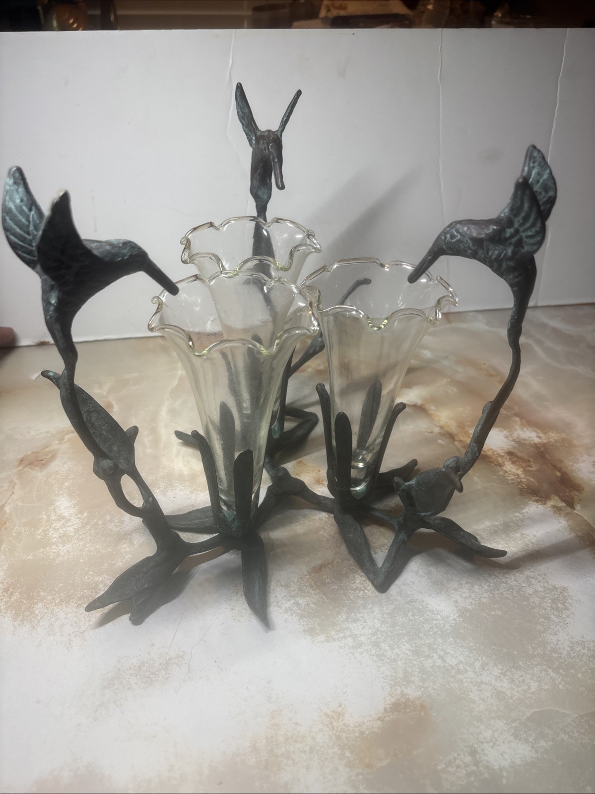Vintage Andrea by Sadek Hummingbird Sculpture with Glass Tulips 3 Hummingbirds