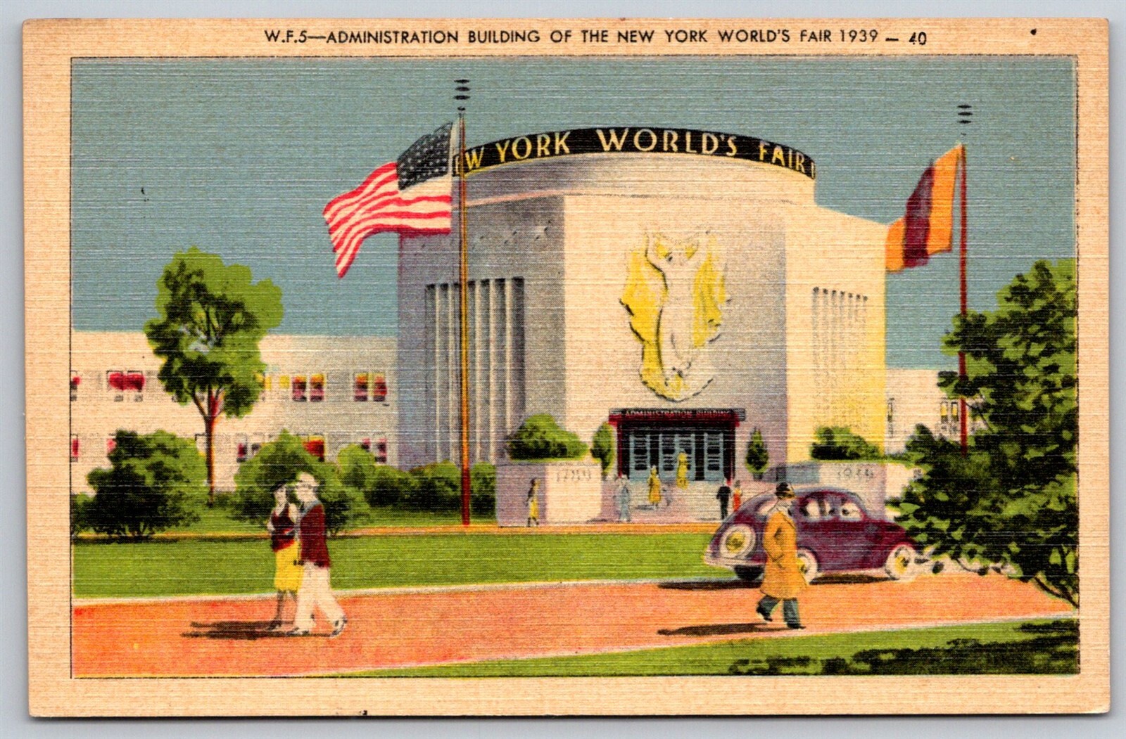 NY Worlds Fair 1939 Linen Postcard The Administration Building Old Cars