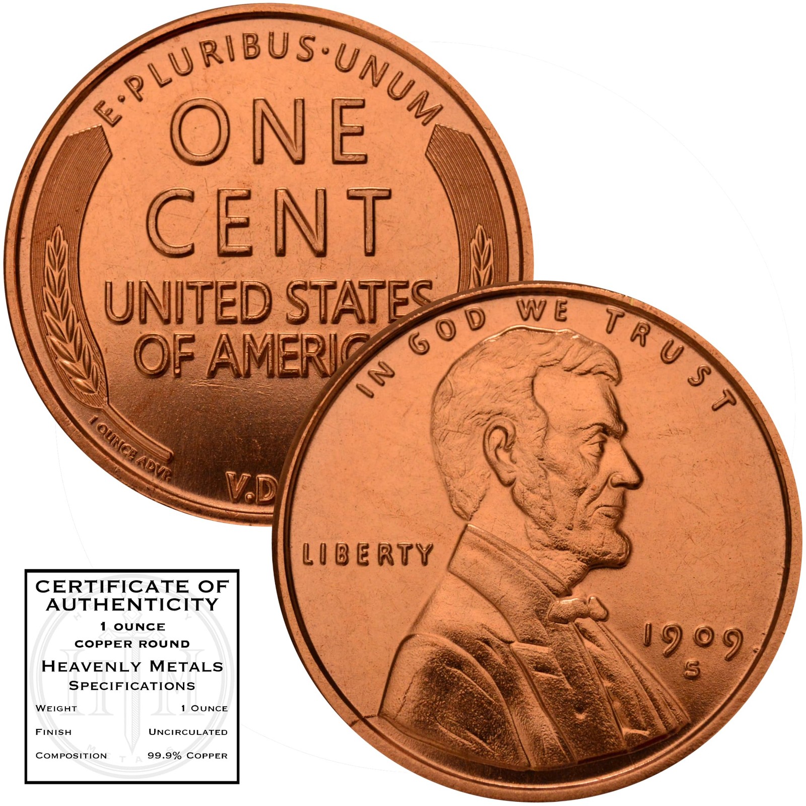 Lincoln Wheat Cent 1909 S VDB Design 1 oz Pure .999 Copper 39Mm,