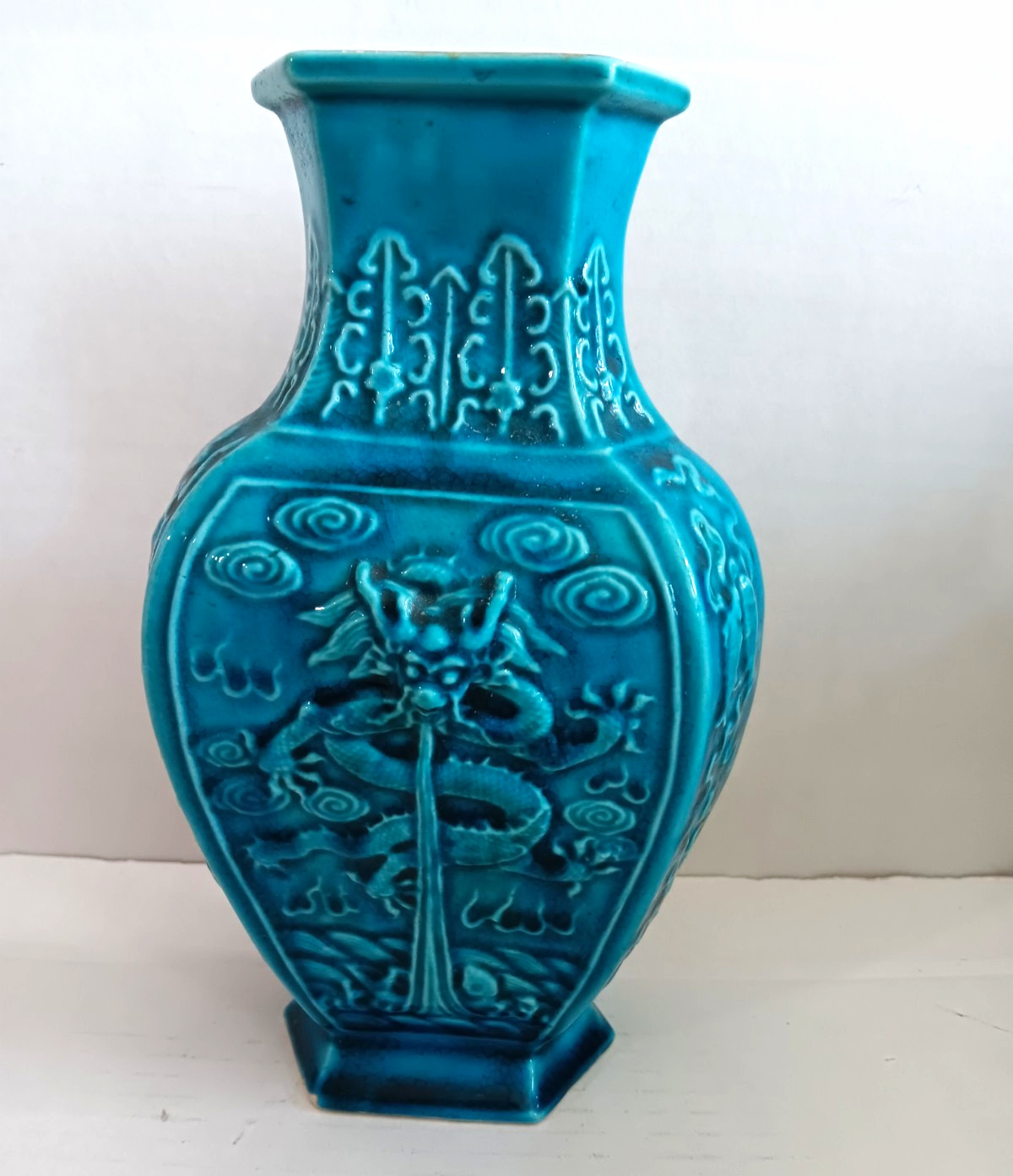 Antique Chinese Turq Hex Dragon  Errored 