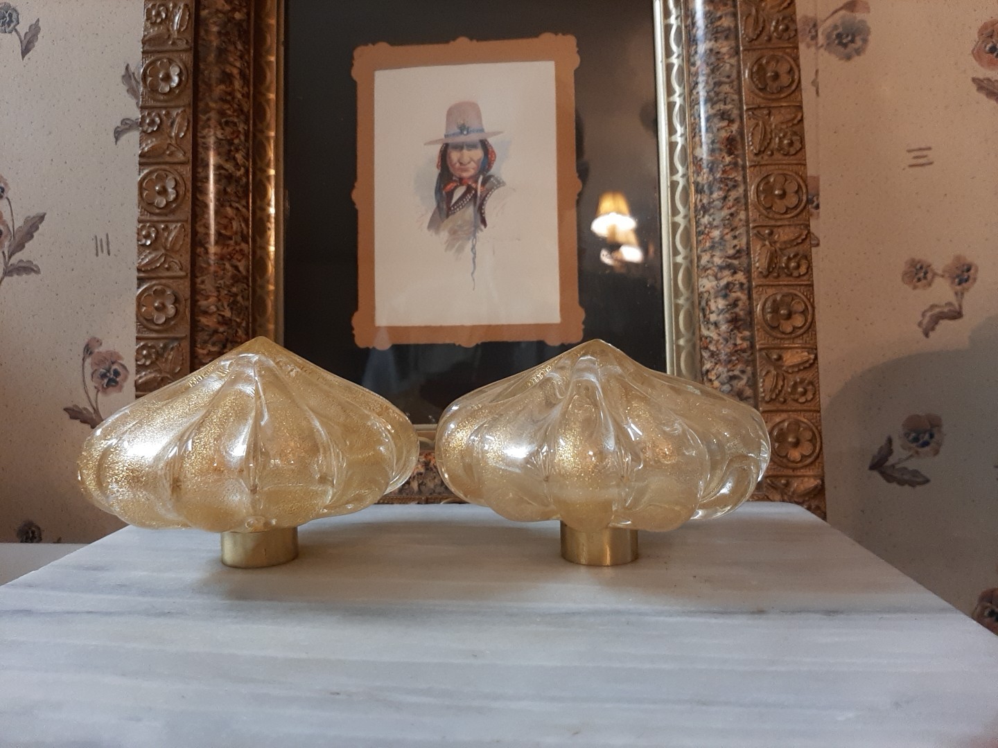 Rare Pair Original Gold Murano Ribbed Melon Glass Finials, Fire Polished Pontil