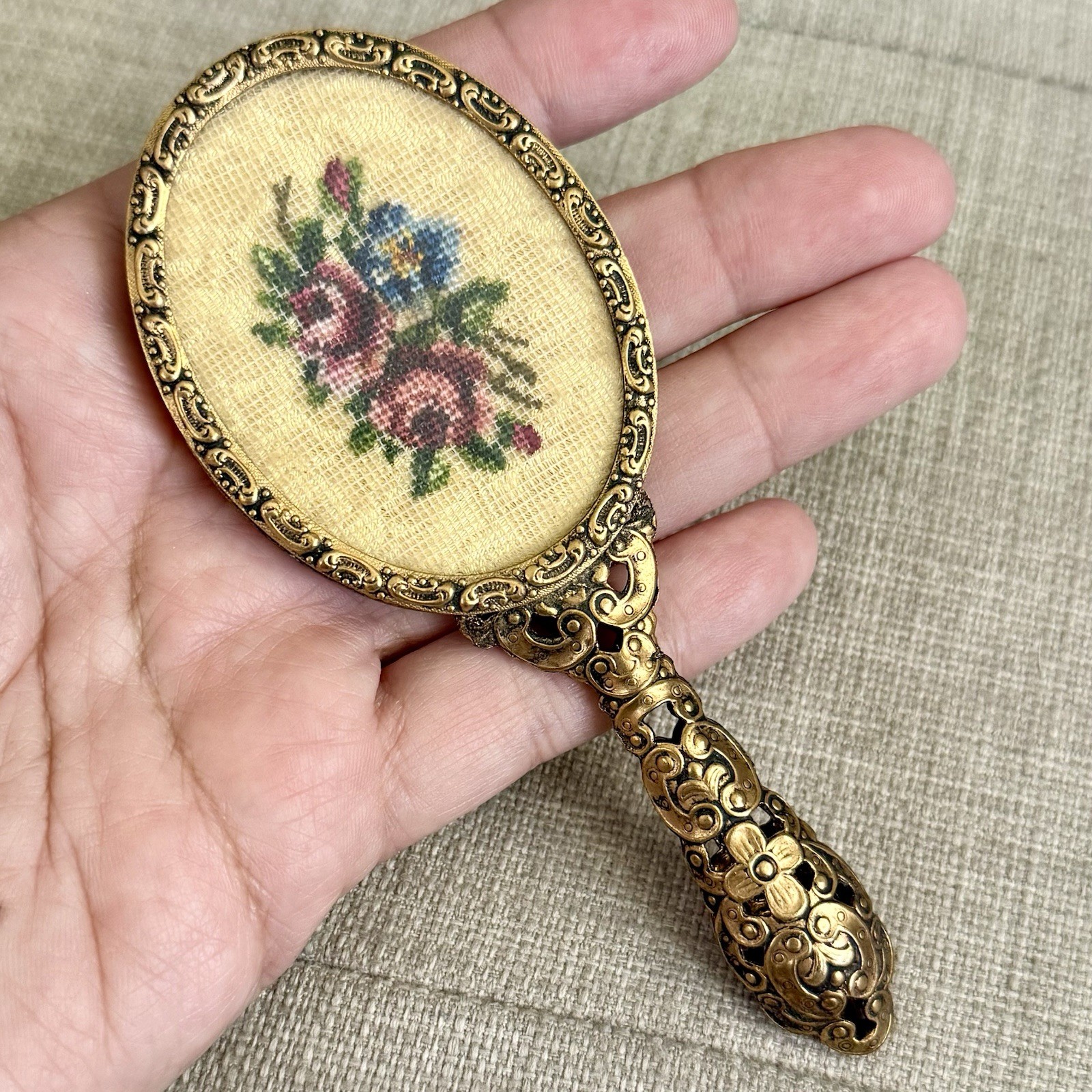 Vintage Austrian Gold Filagree Floral Petitpoint Needlepoint Pocket Mirror