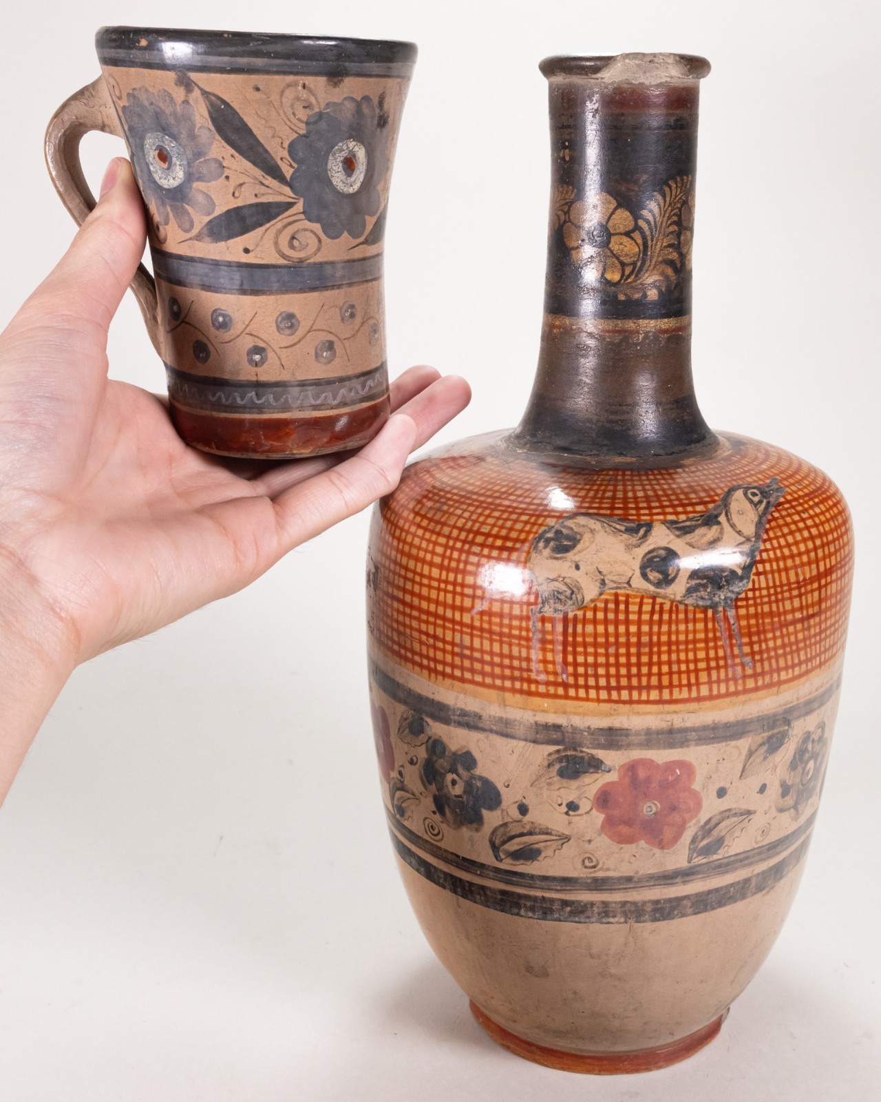 Antique c.1890-1910 Tonala Mexican Pottery Water Jug w/ Dog image & Cup Antique c.1890-1910 Tonala Mexican Pottery Water Jug w/ Dog image & Cup