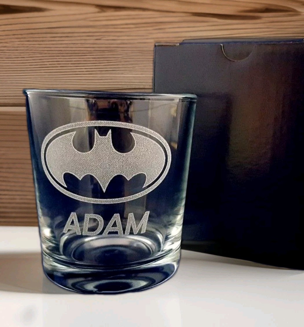 PERSONALISED ENGRAVED BATMAN WHISKEY GLASS For Best Man Groom Godfather GIFT Box