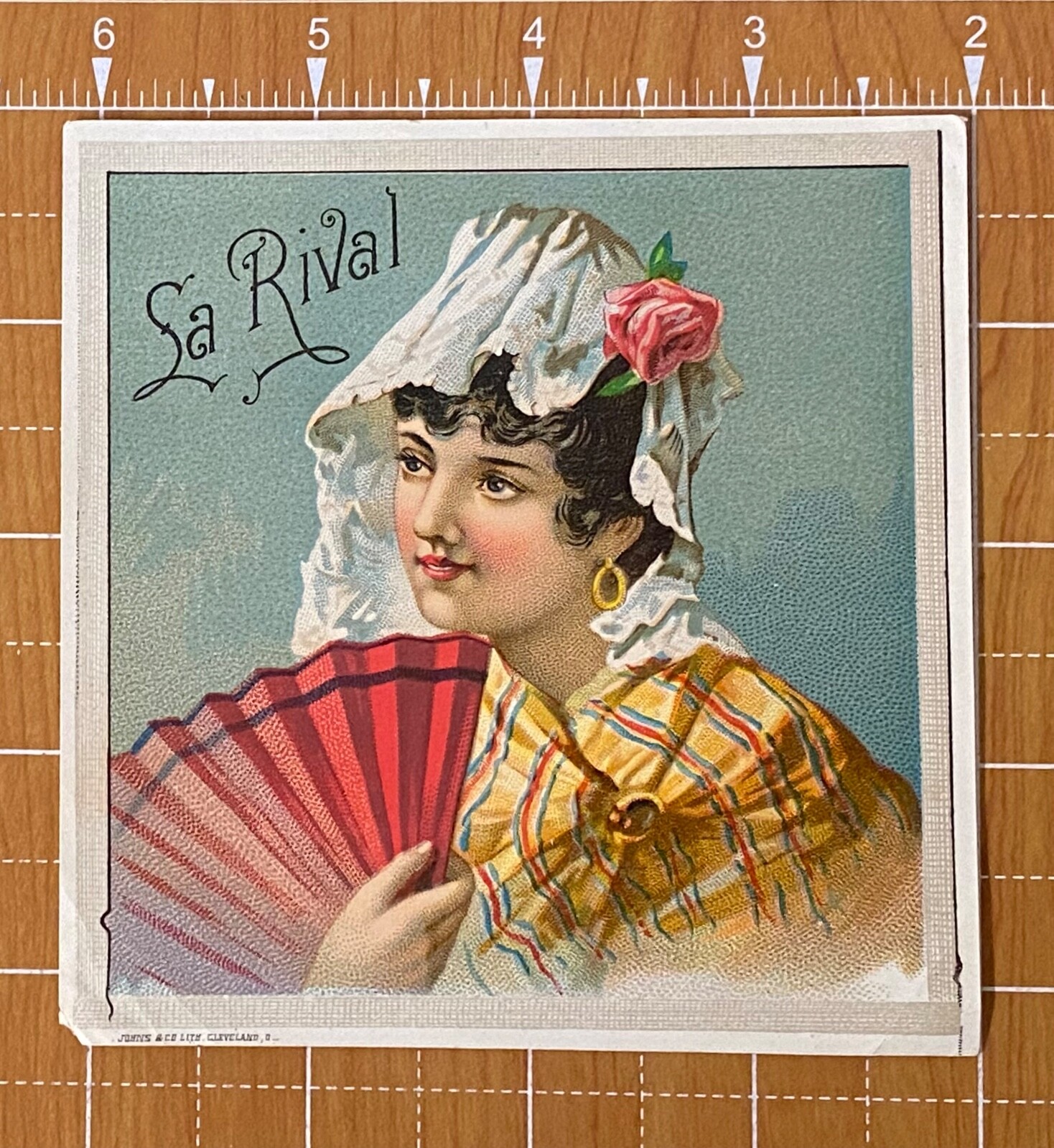 LA RIVAL~Beauty Holding Fan~Victorian Cigar Label 1897 John & Co. Cleveland OHIO
