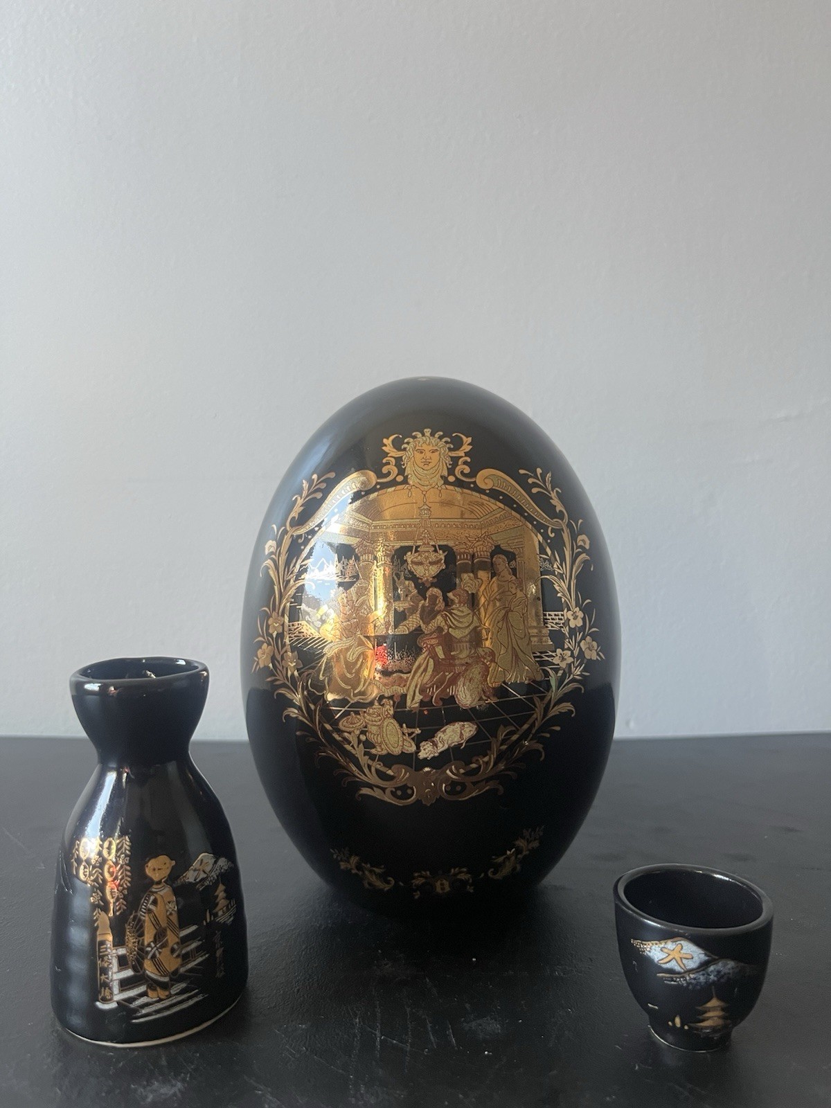 L. F. Fine Porcelain Limoges P. R.C. Medusa Black Gold Egg Tokkuri & Ochoko Set