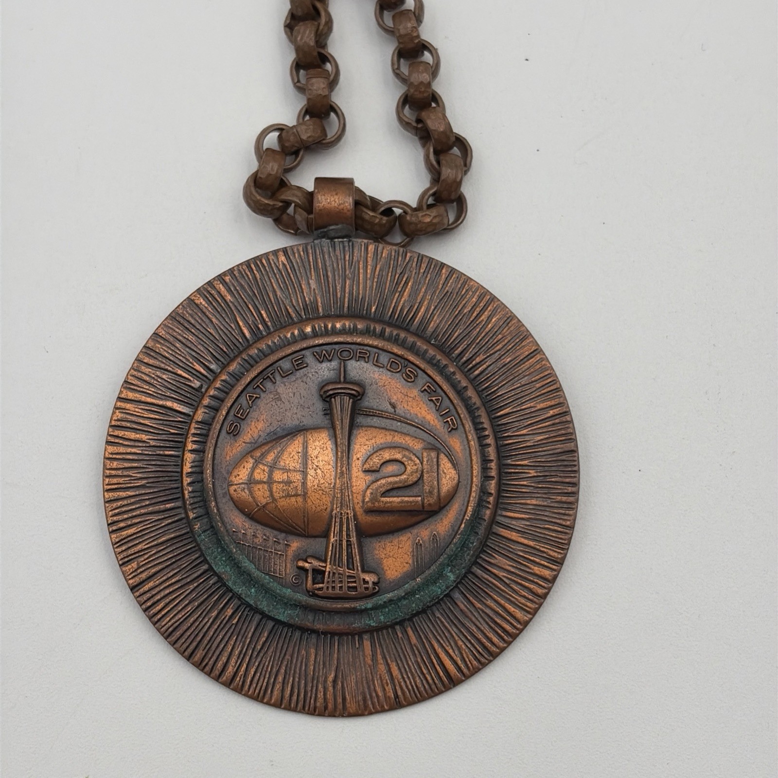Vintage 1962 Seattle World\'s Fair Century 21 Copper Pendant Chain Space Needle
