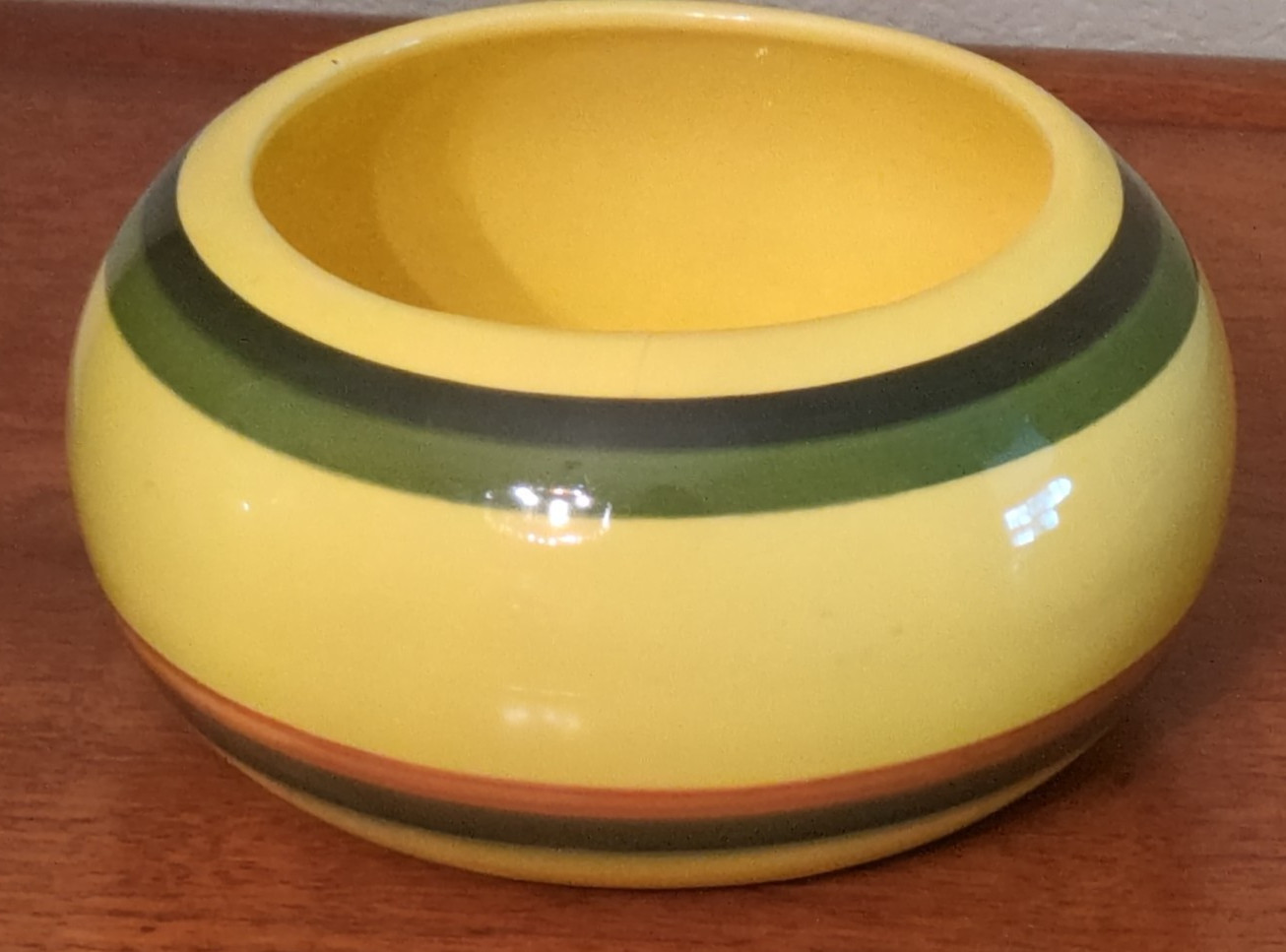 Vintage CALIFORNIA POTTERY Round Yellow Green Brown Striped PLANTER Mid Century