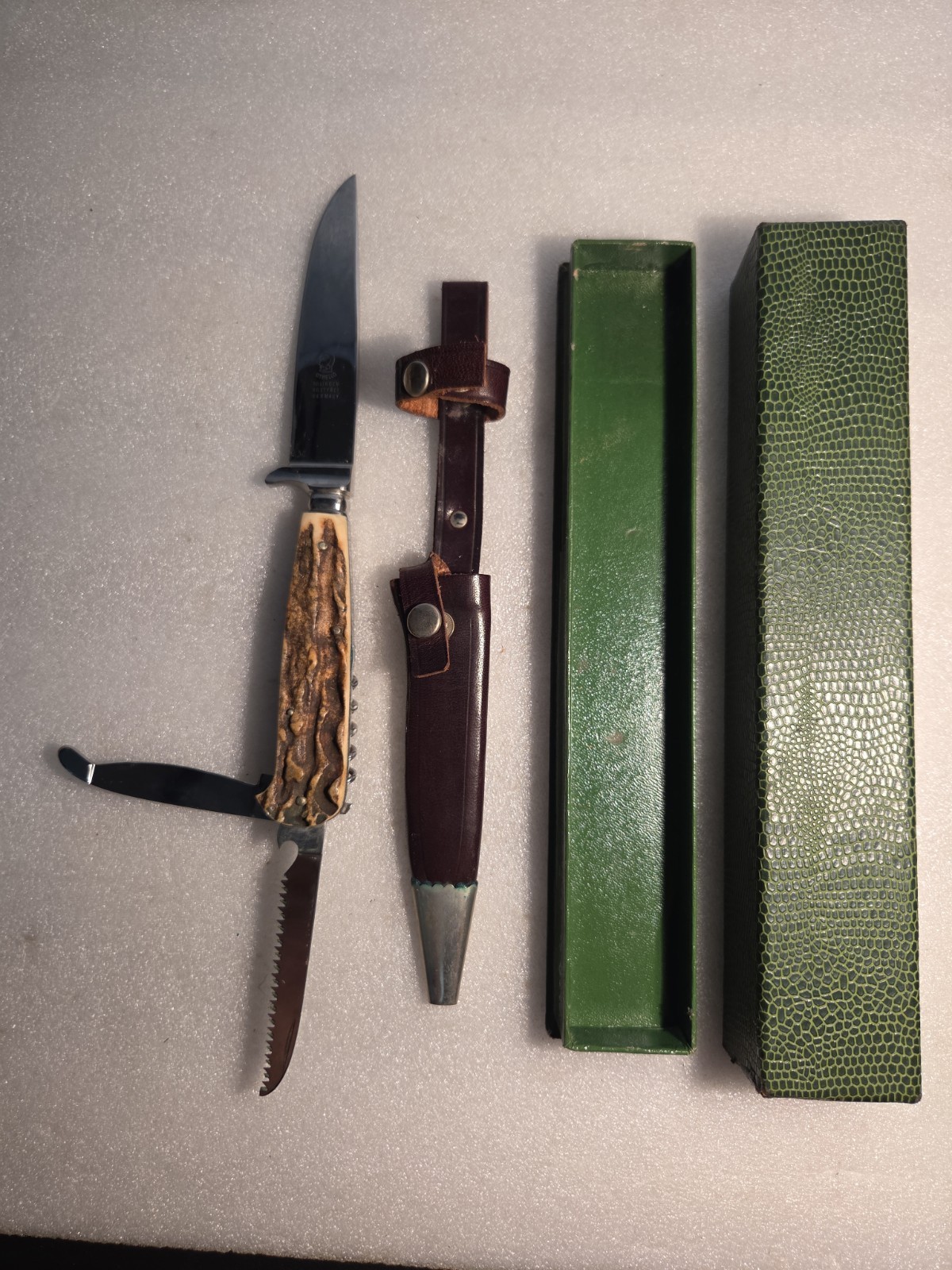 Vtg Othello Solingen Germany Multi-Blade Hunting Knife Stag, Wingen Box & Sheath