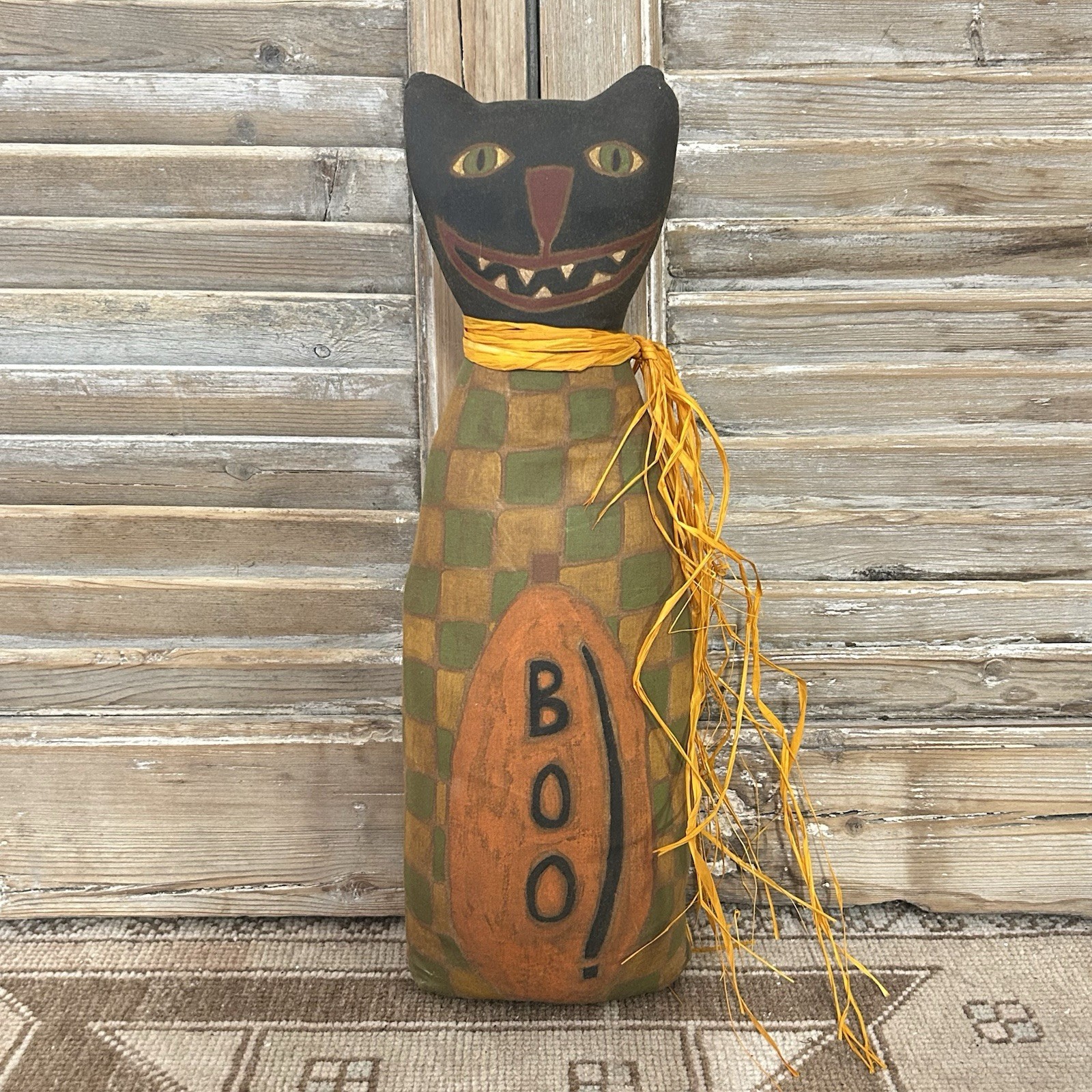 Vintage Primitive Halloween OOAK Hand Painted Black Cat Standing Folk Art Doll