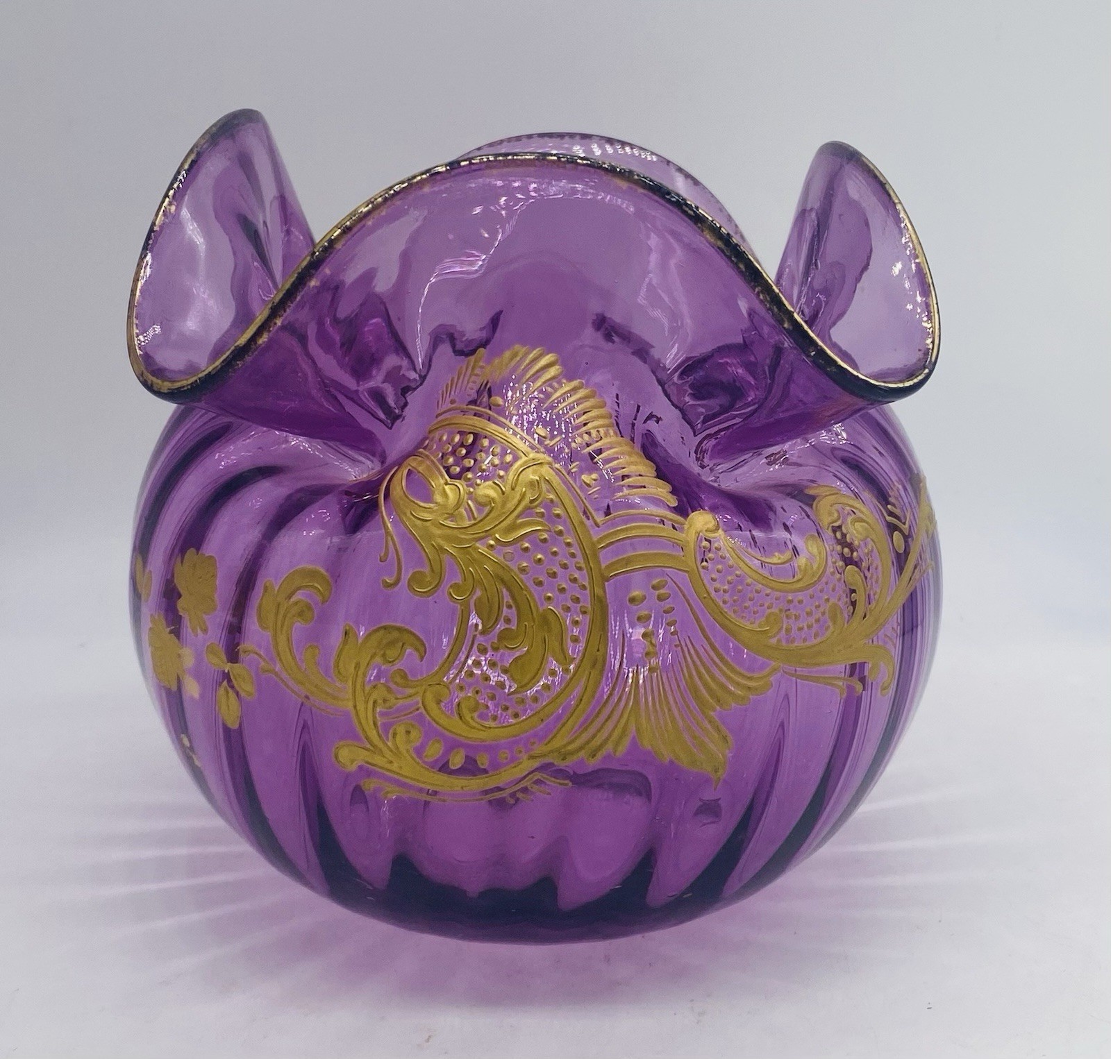 Stunning ART NOUVEAU FRENCH LEGRAS Purple Rose Bowl Vase W/ Gold Enamel