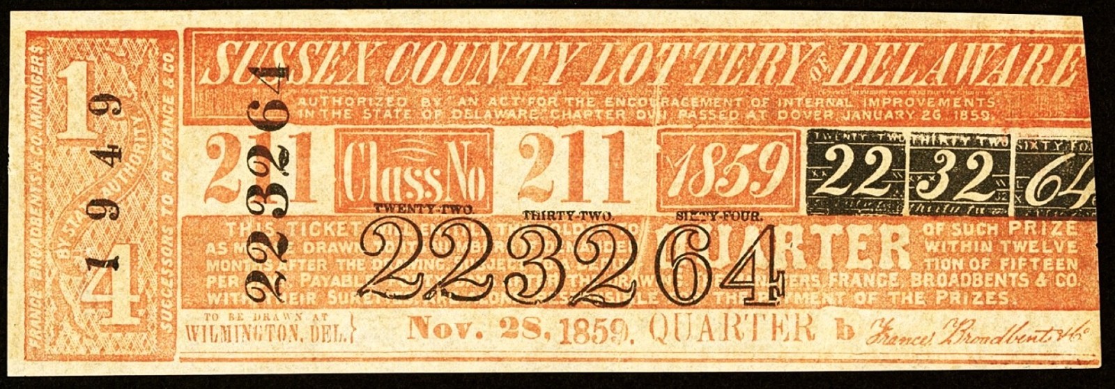 DE WILMINGTON Delaware Sussex County Lottery Quarter Ticket Nov. 28, 1859 DE WILMINGTON Delaware Sussex County Lottery Quarter Ticket Nov. 28, 1859