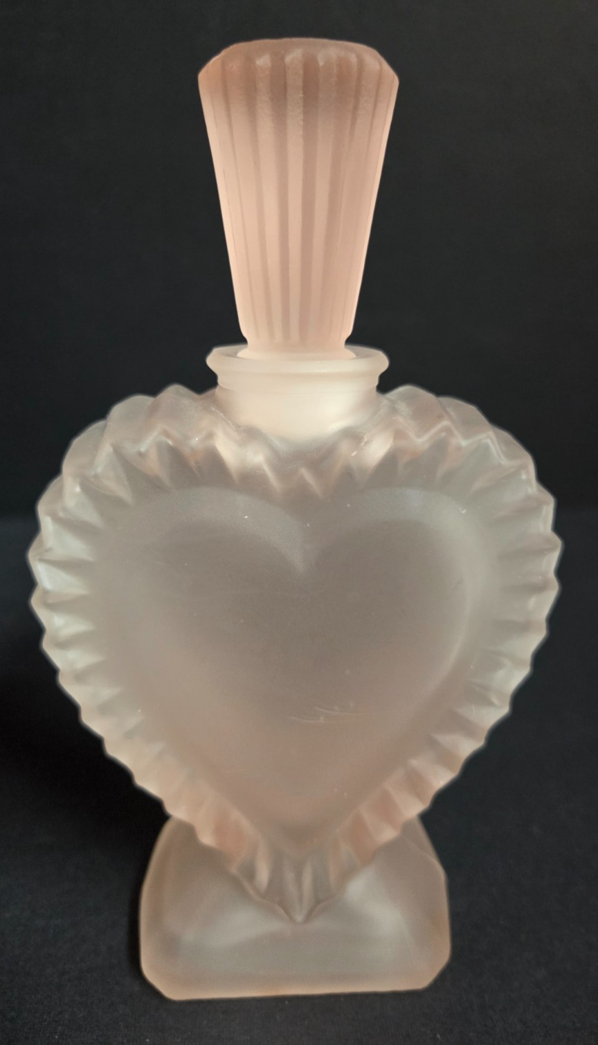VTG Teleflora Pink Frosted Satin Glass Heart Perfume Bottle Flared Stopper 6